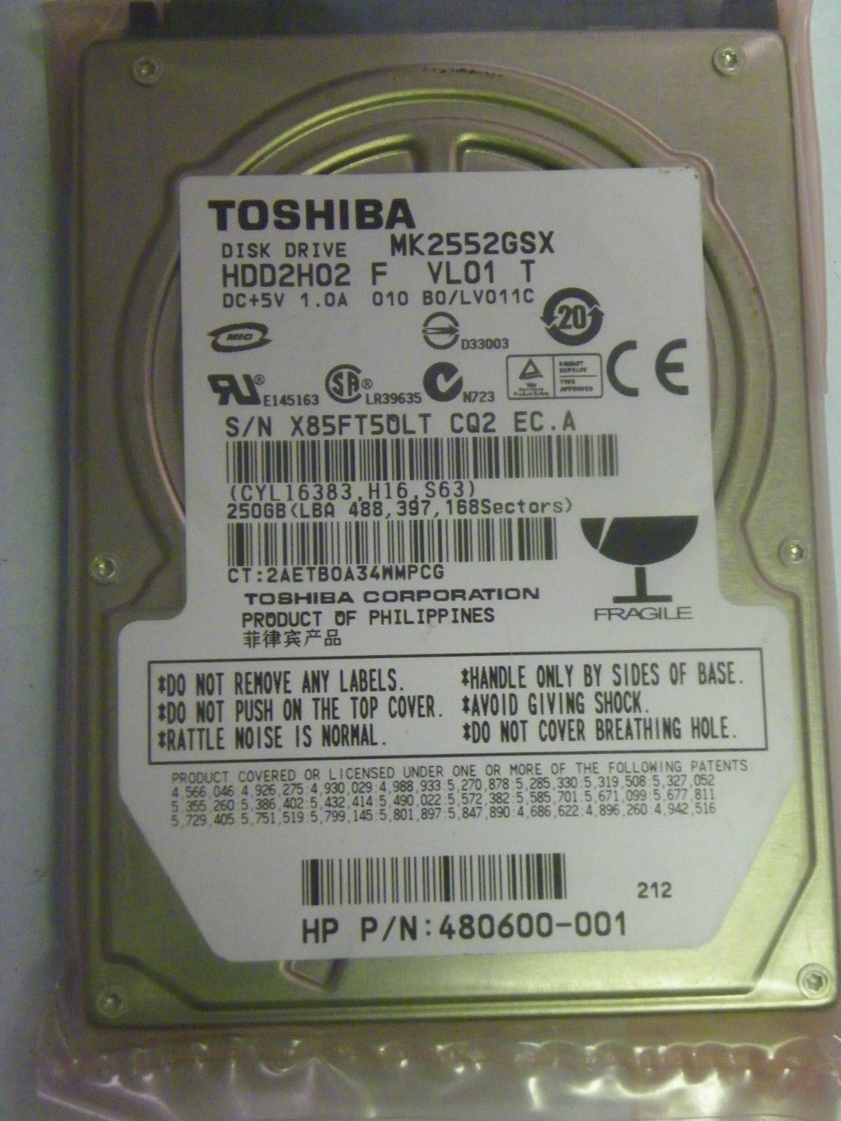 Toshiba MK2552GSX (HDD2H02 F VL01 T) 010 B0/LV011C Laptop 250GB 2.5" SATA HDD