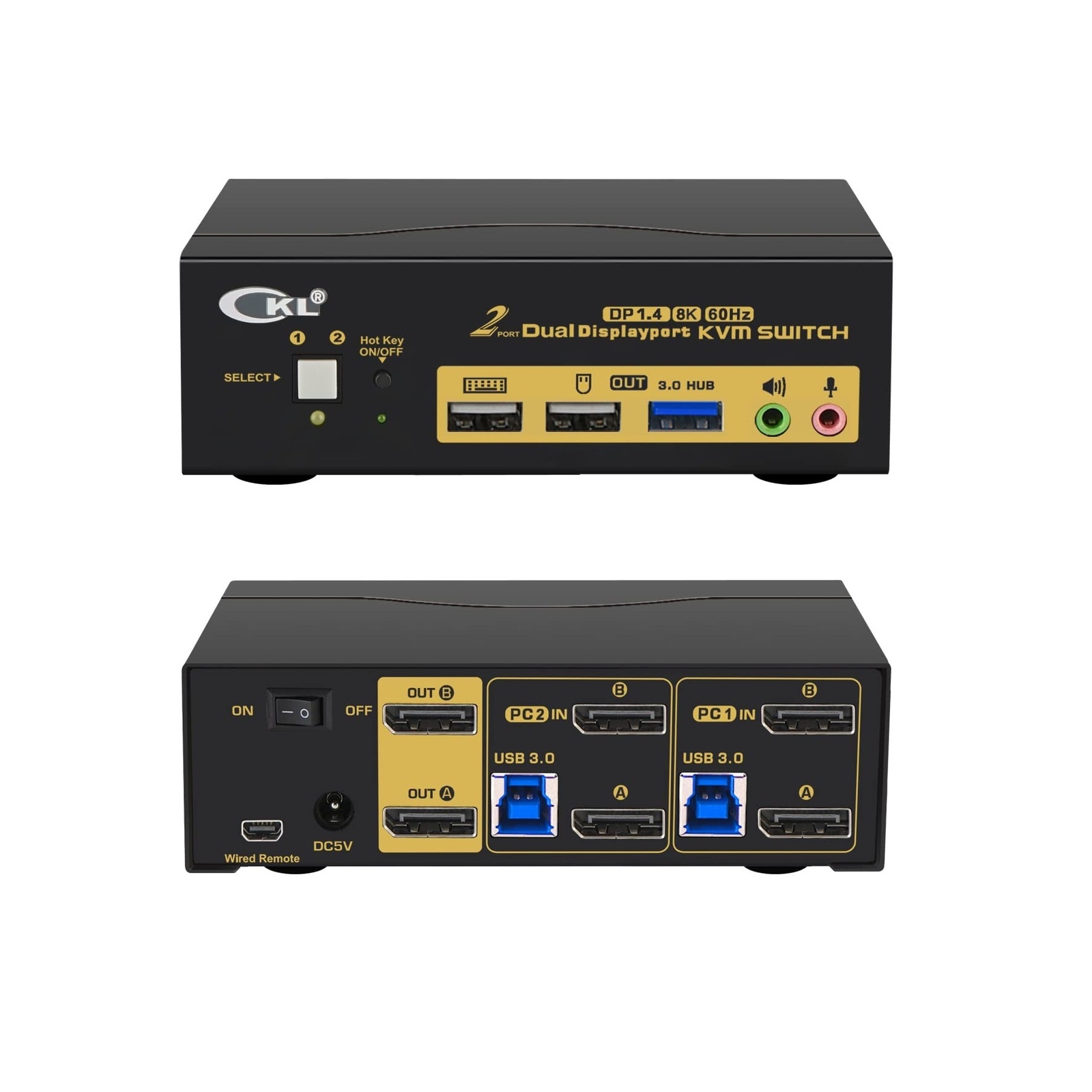 CKL 2 Port USB 3.0 KVM Switch Dual Monitor DisplayPort 1.4 4K@144Hz 8K@30Hz f...