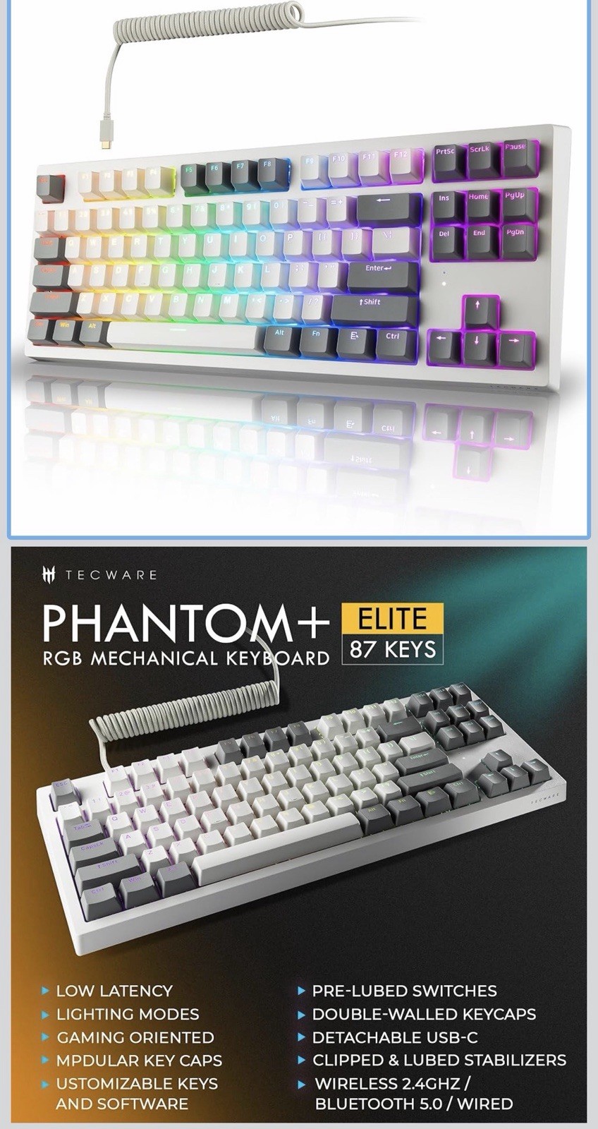 Tecware Phantom+ Elite 87 Mechanical Gaming Keyboard | RGB LED Backlit | Hot S