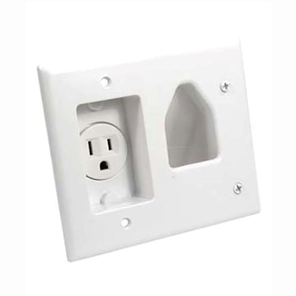 Recessed 2-Gang Wall Plate 1 Outlet 1 Pass Through Audio Video Power Cable White