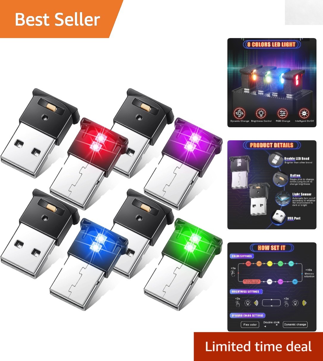 Compact 2-Piece USB LED Car Lights - Color Changing & Adjustable Brightness