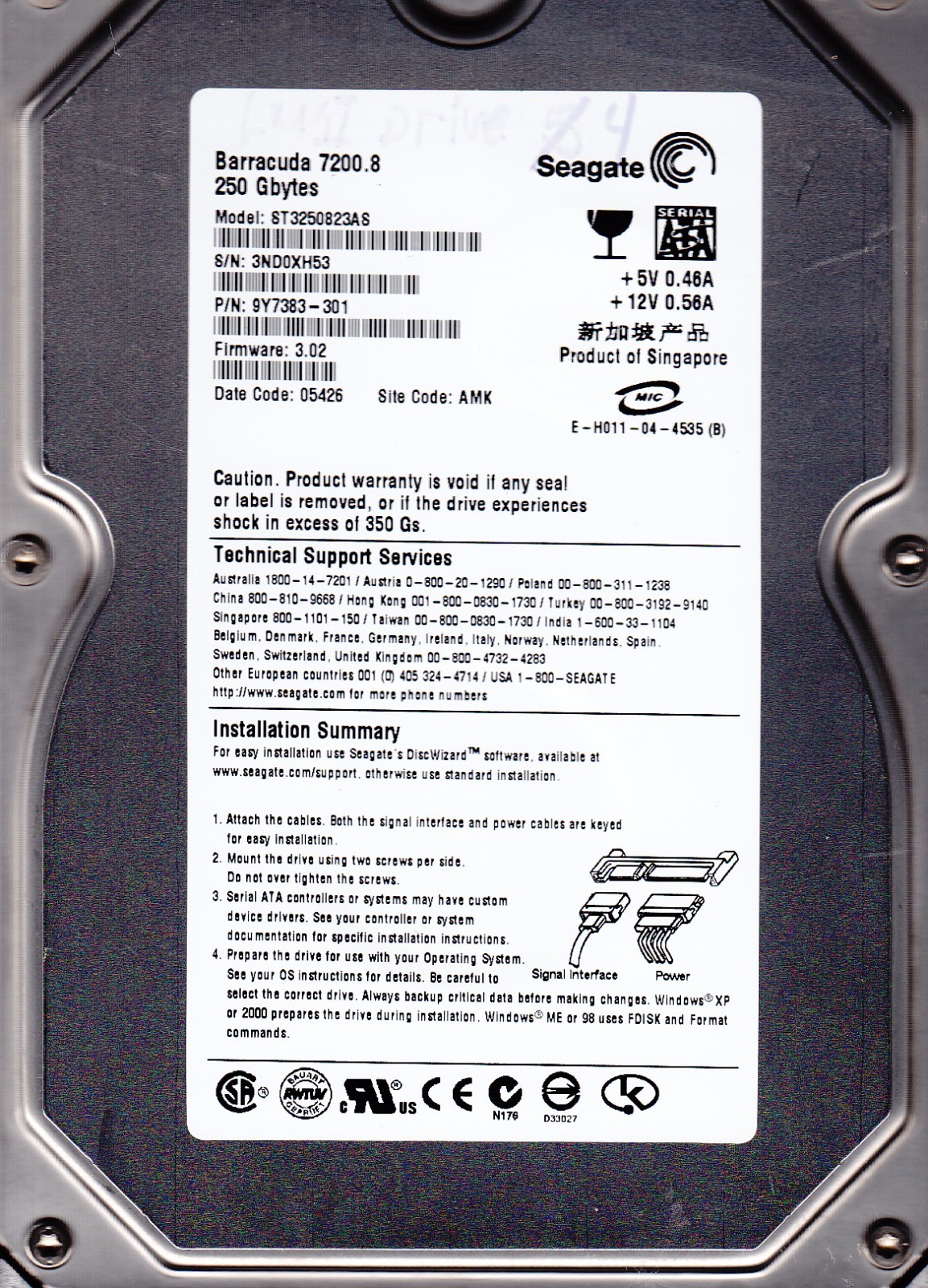DATA RECOVERY ST3250823AS PN: 9Y7383-301 sn: 3ND fw: 3.02 AMK BAD SECTOR 106