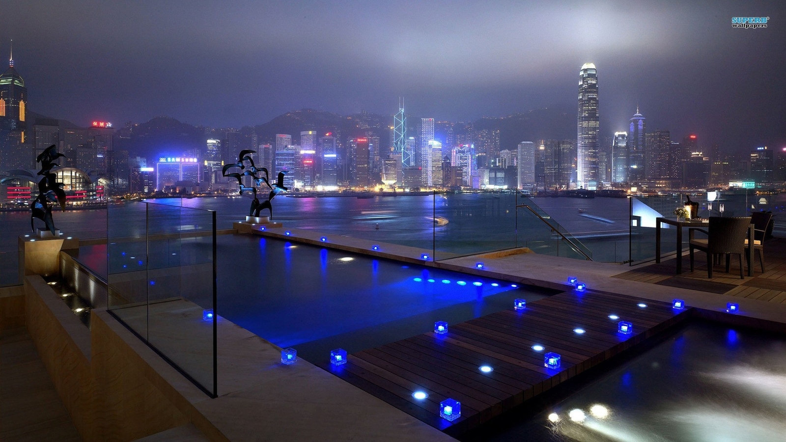 Landscape city night lights architecture hong kong Custom Gaming Mat Desk
