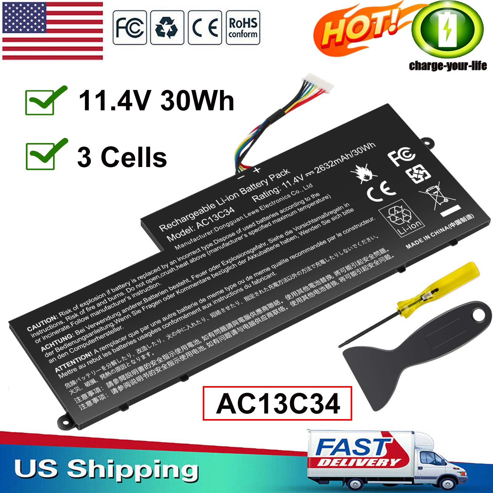 ✅New AC13C34 Laptop Battery for Acer Aspire V5-122P ES1-111M V3-111 V3-112 30Wh