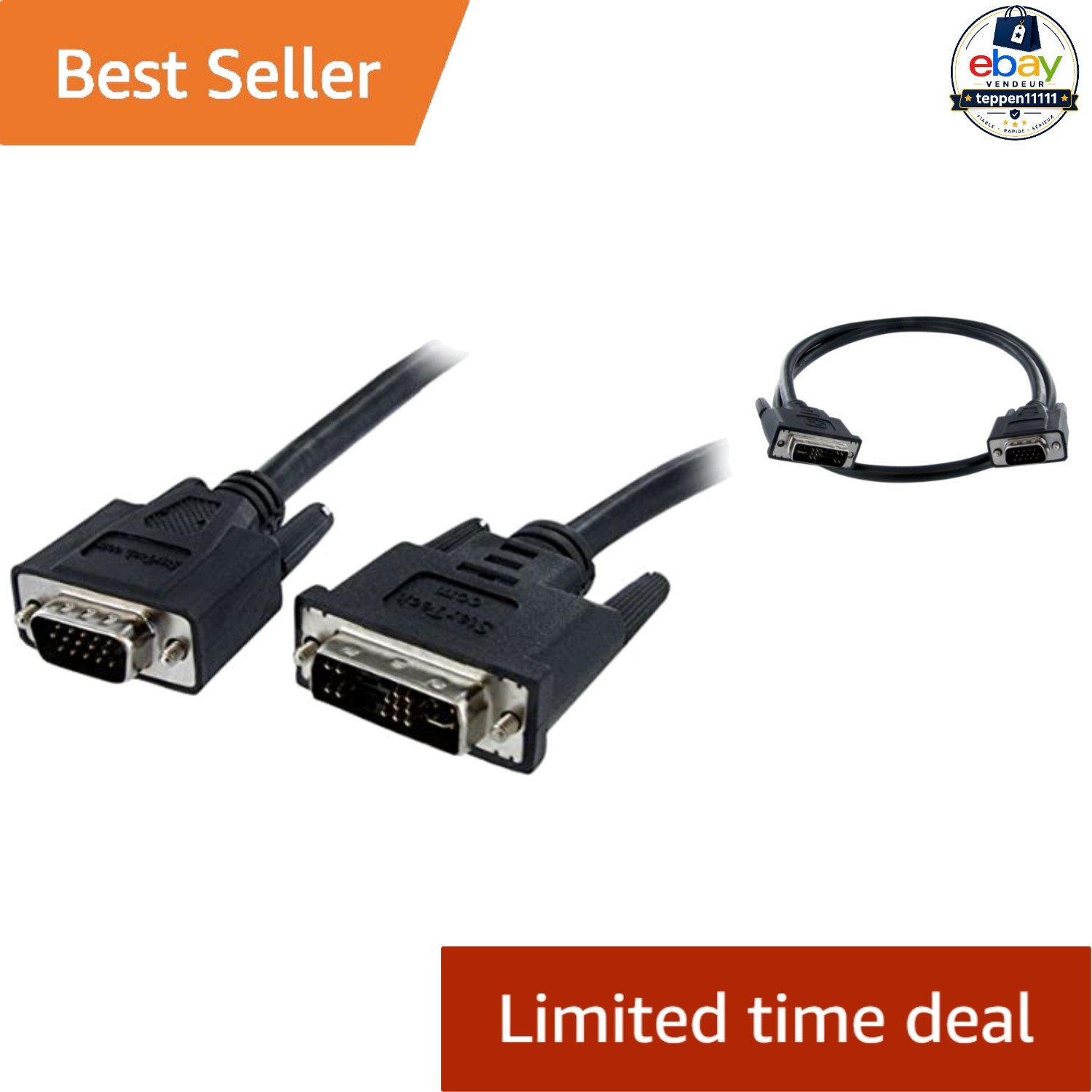 DVI to VGA Display Monitor Cable 10 ft 3m HD-15 M to DVI-A M Black