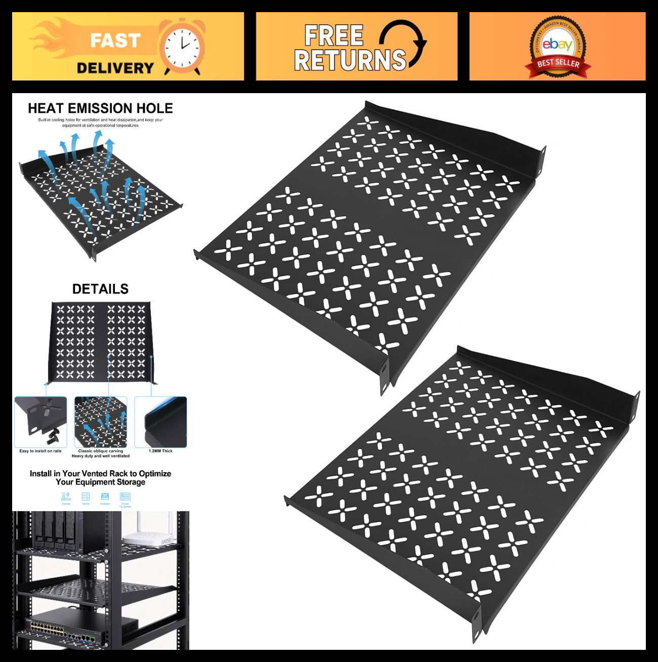Universal 1U Vented Rack Shelf - 14" Cantilever Tray for 19" Server Racks - Set