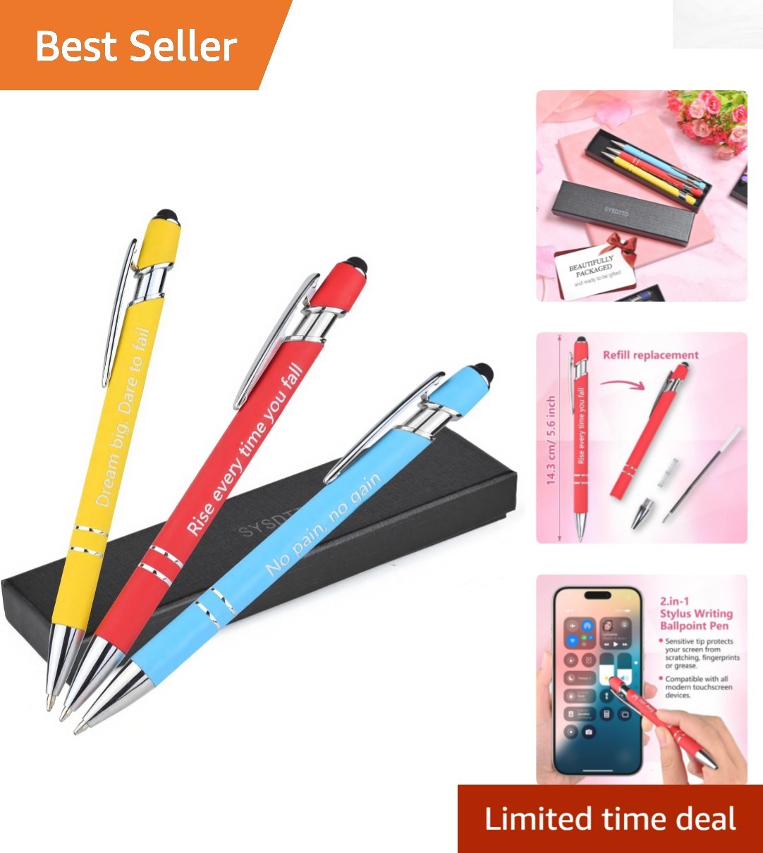 Versatile 2-in-1 Writing Pens with Stylus - Inspirational Red, Yellow, Blue Set