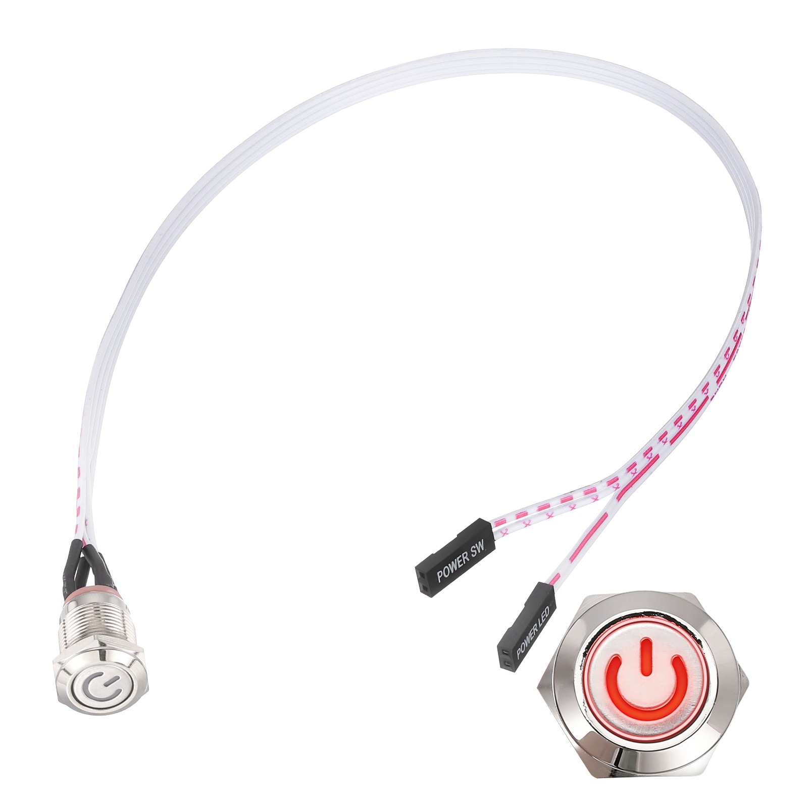 Chassis Metal Button 12mm Power Symbol Red LED Power Button 30cm Wire Silver