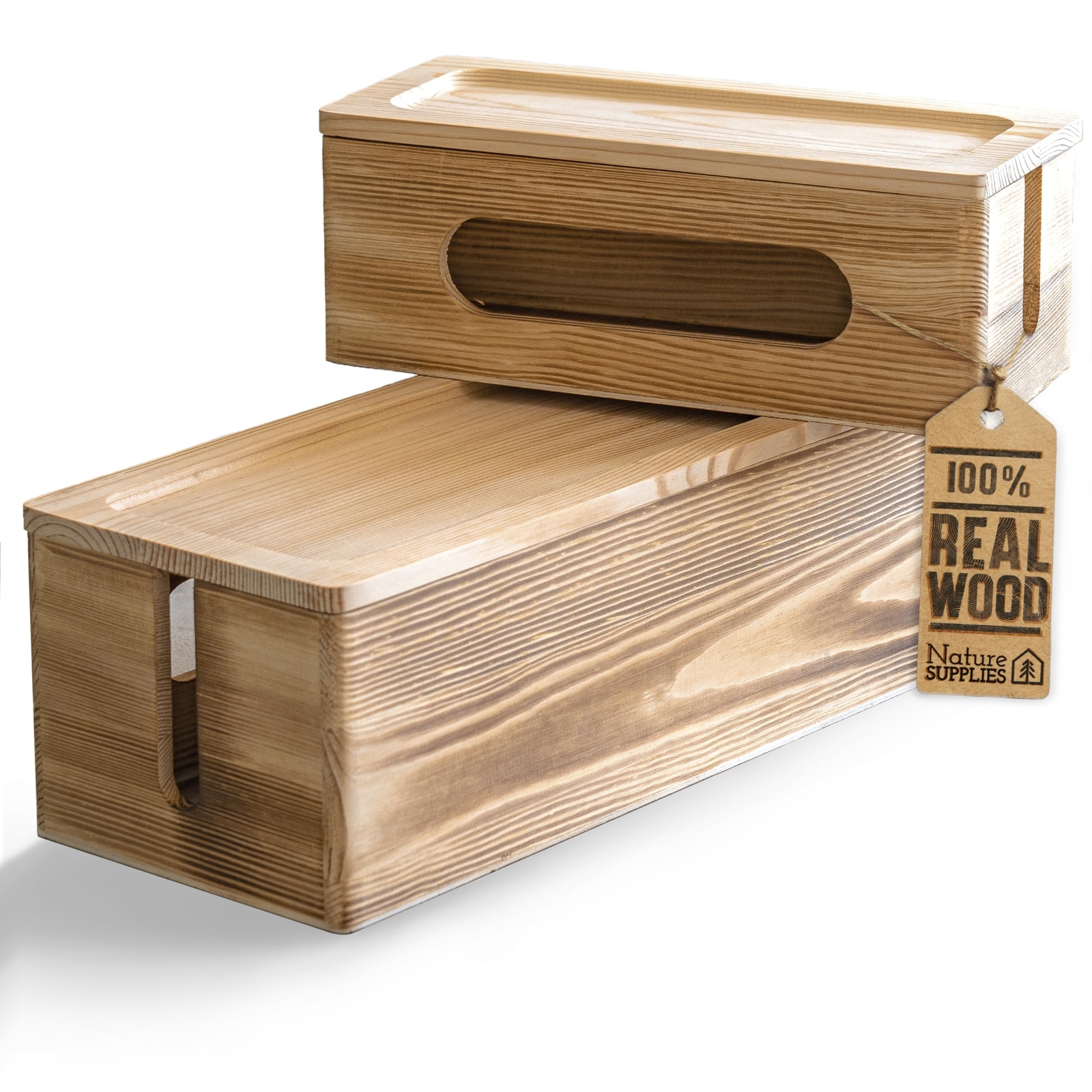 NATURE SUPPLIES Set of 2 Wooden Cable Management Boxes, Large and Medium Cord...