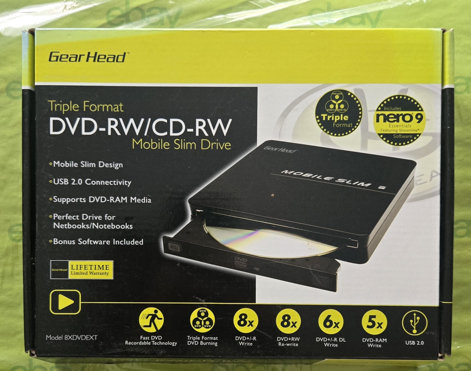 GEAR HEAD Triple Format DVD-RW/CD-RW model 8XDVDEXT Blk Mobile Slim Drive Opn Bx