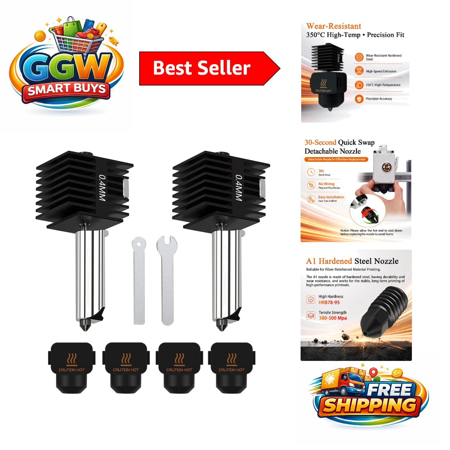 2 Pack 0.4mm Hardened Steel Nozzle Hotend Kit for A1 Mini/A1/A2L - Leak-Proof