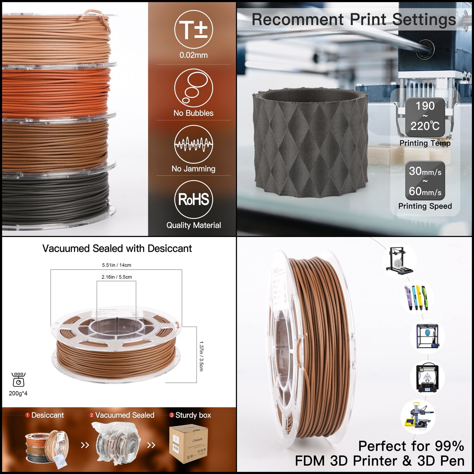 PLA Filament Bundle 3D Sets,Walnut,Cherry,Bamboo,Ebony,PLA 1.75mm,200g*4 Spools