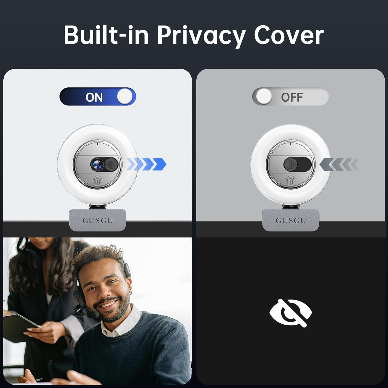 SILVER - GUSGU G910 2K WEBCAM WITH MICROPHONE, VIDEO STREAMING CAMERA WITH RING
