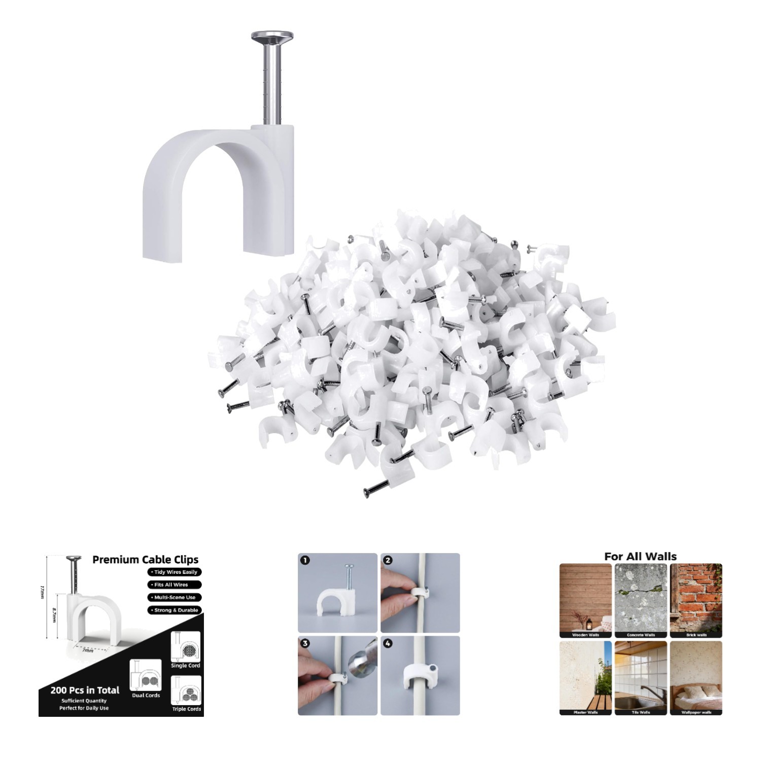 200 Pcs 7mm Cable Clips - Durable Nail-In Cord Clips for Clean Cable Management