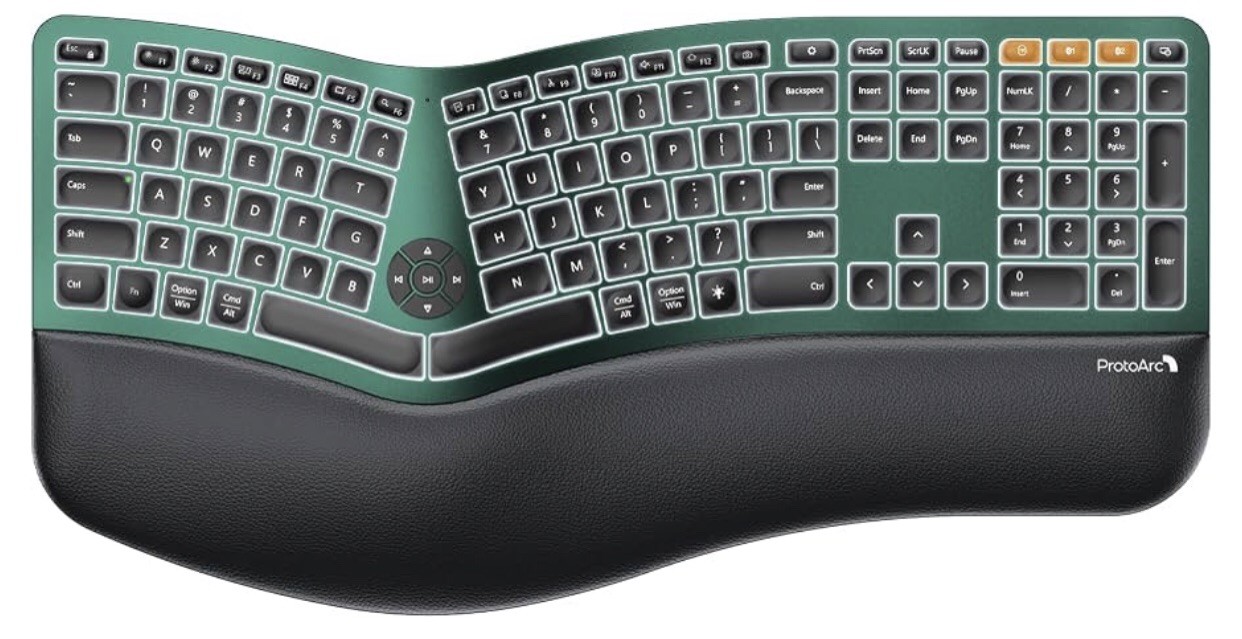 ProtoArc EK01 Plus Backlit Bluetooth Ergonomic Keyboard, Full Size, Green