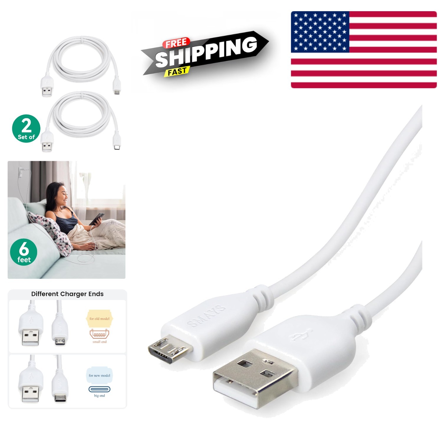Fast Charging 6ft USB Type-C & Micro USB Cable for Kindle Fire & Oasis e-Readers