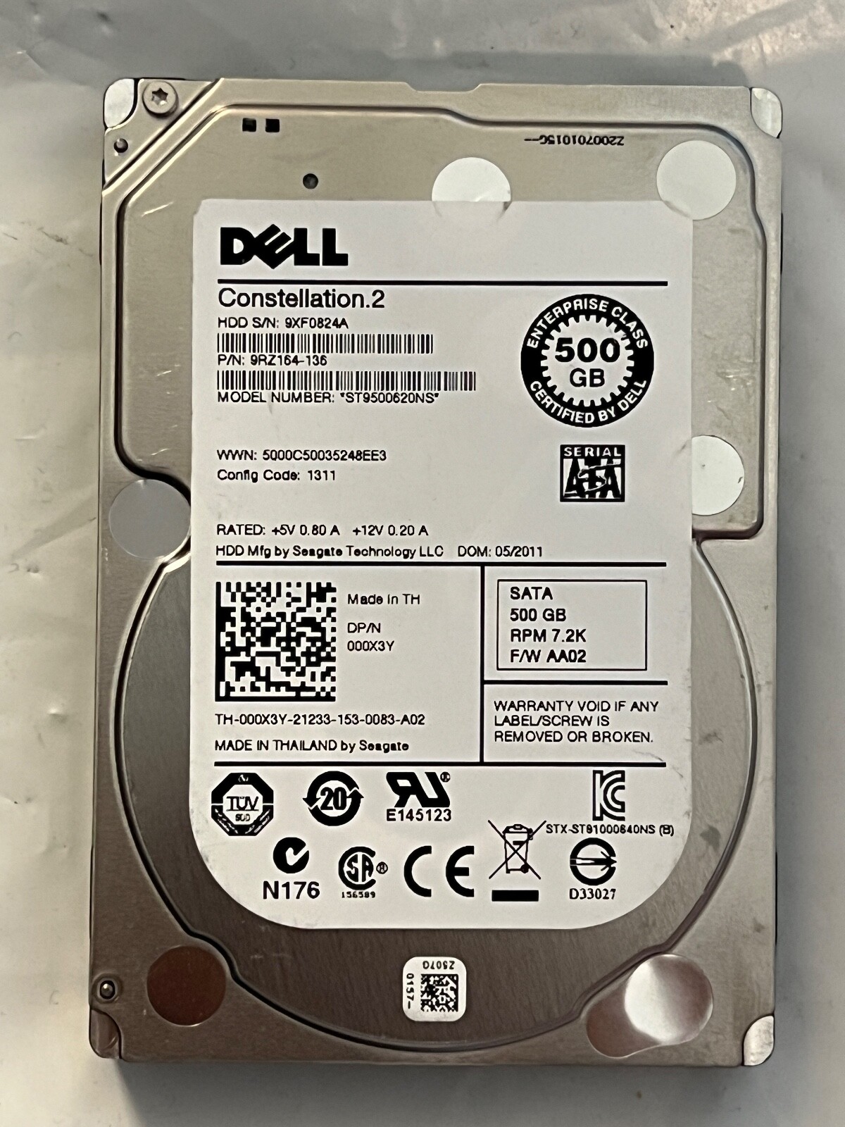 DELL 500GB 7.2K SATA 2.5 6Gb/s HDD ST9500620NS 00X3Y