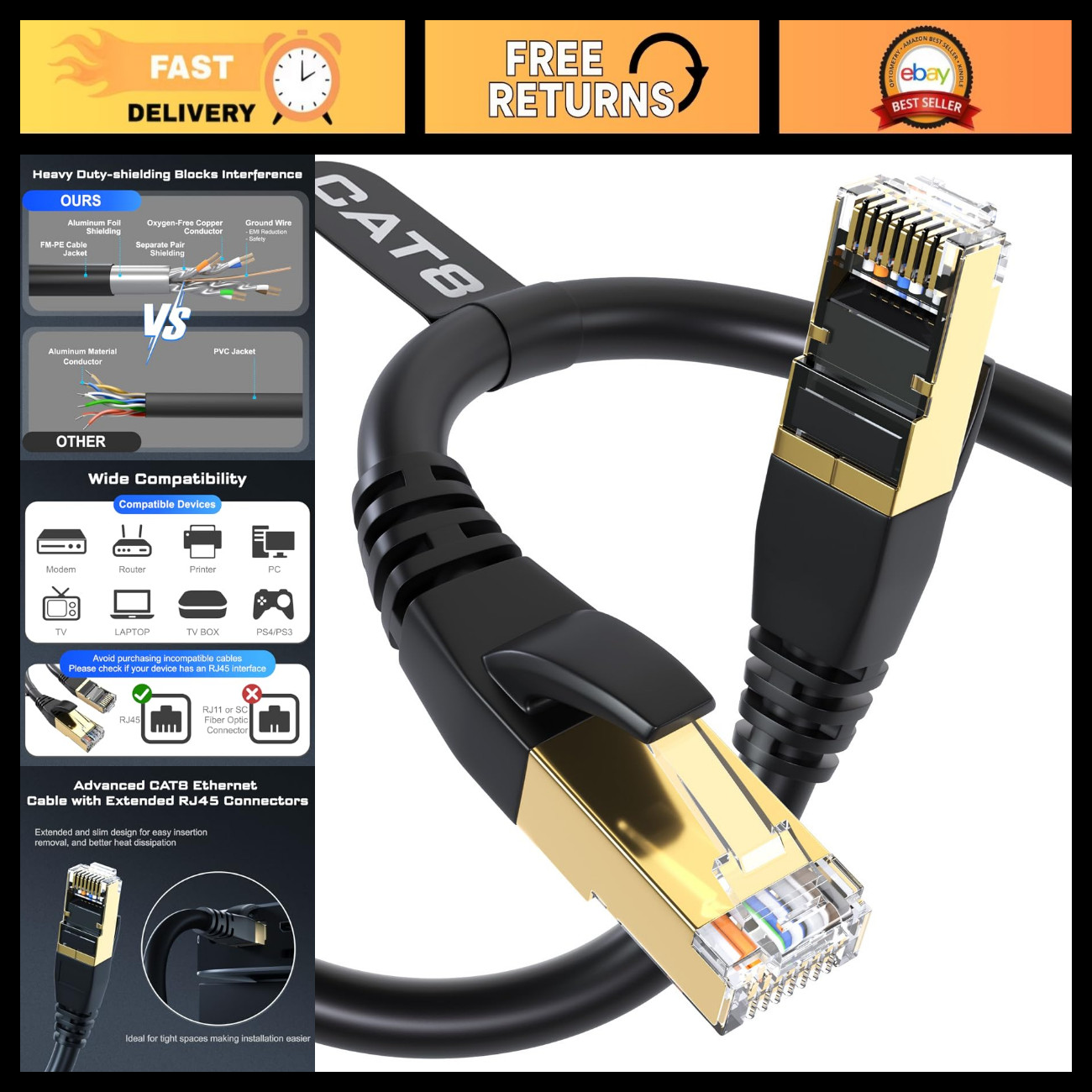 High-Speed Cat 8 Ethernet Cable 40FT, 40Gbps, 2000MHz, RJ45 LAN Network Cable