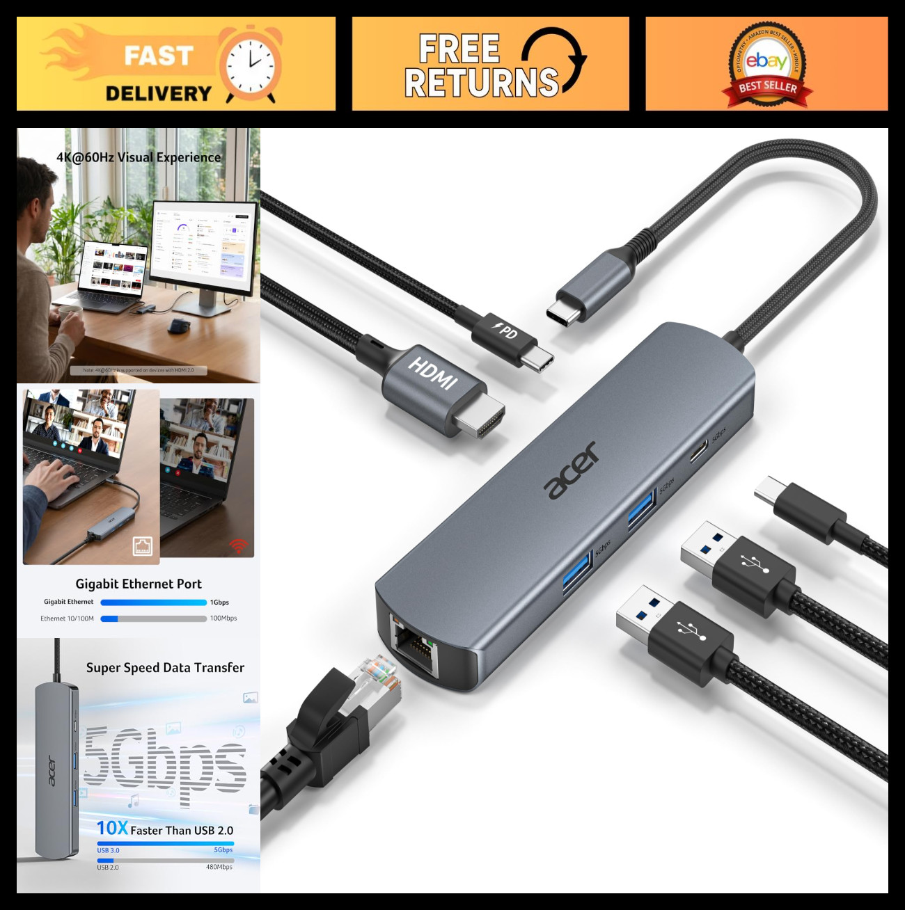 6-in-1 USB-C Hub with Ethernet, 4K@60Hz HDMI Adapter, Multiport Converter