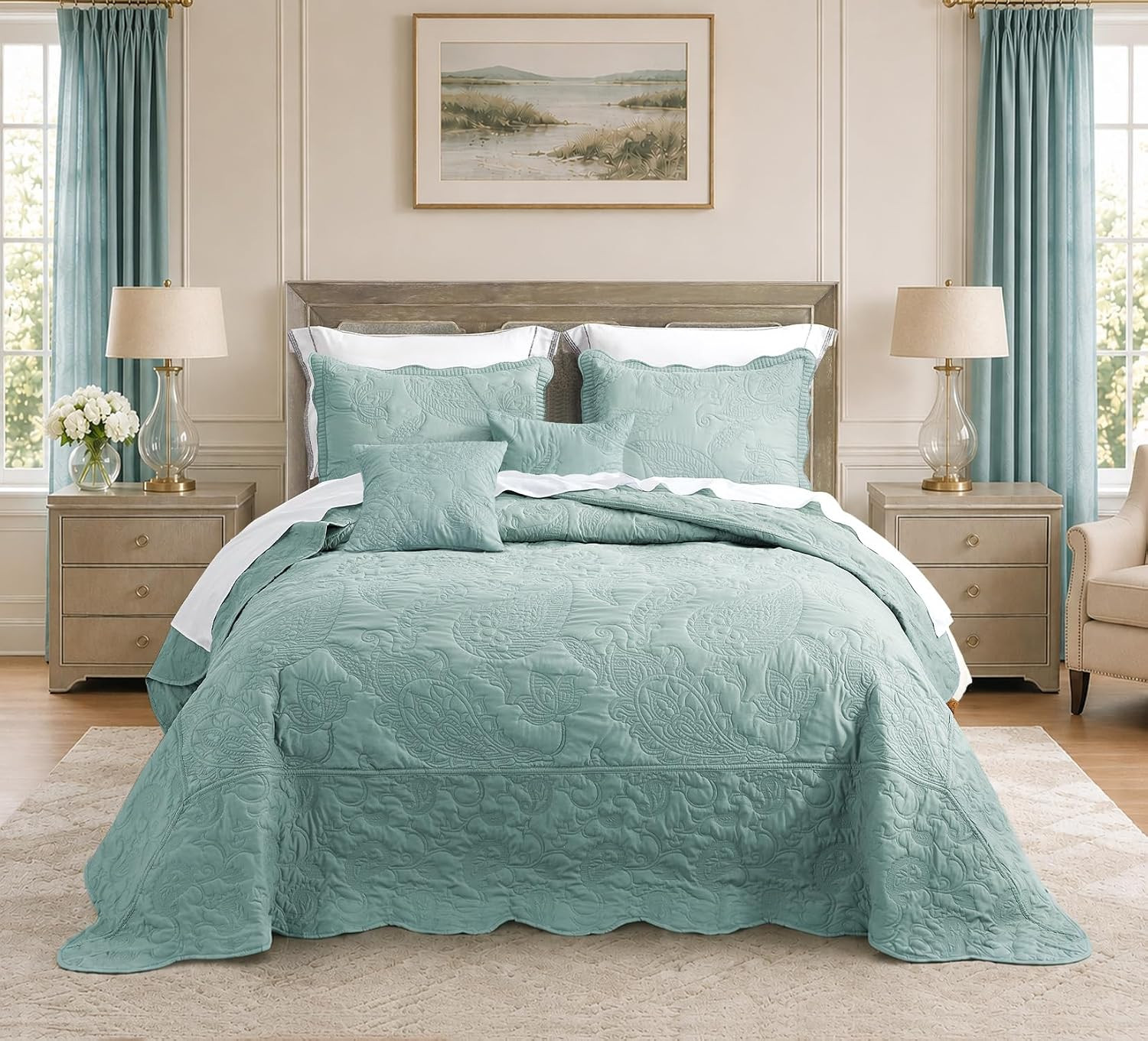 Oversized King Bedspreads 128X120, Stitched Paisley, Aqua Sky