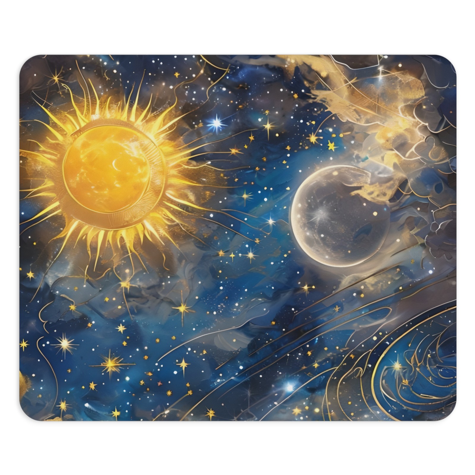 Sun and Moon Celestial Art Mouse Pad | Starry Night Space Desk Mat