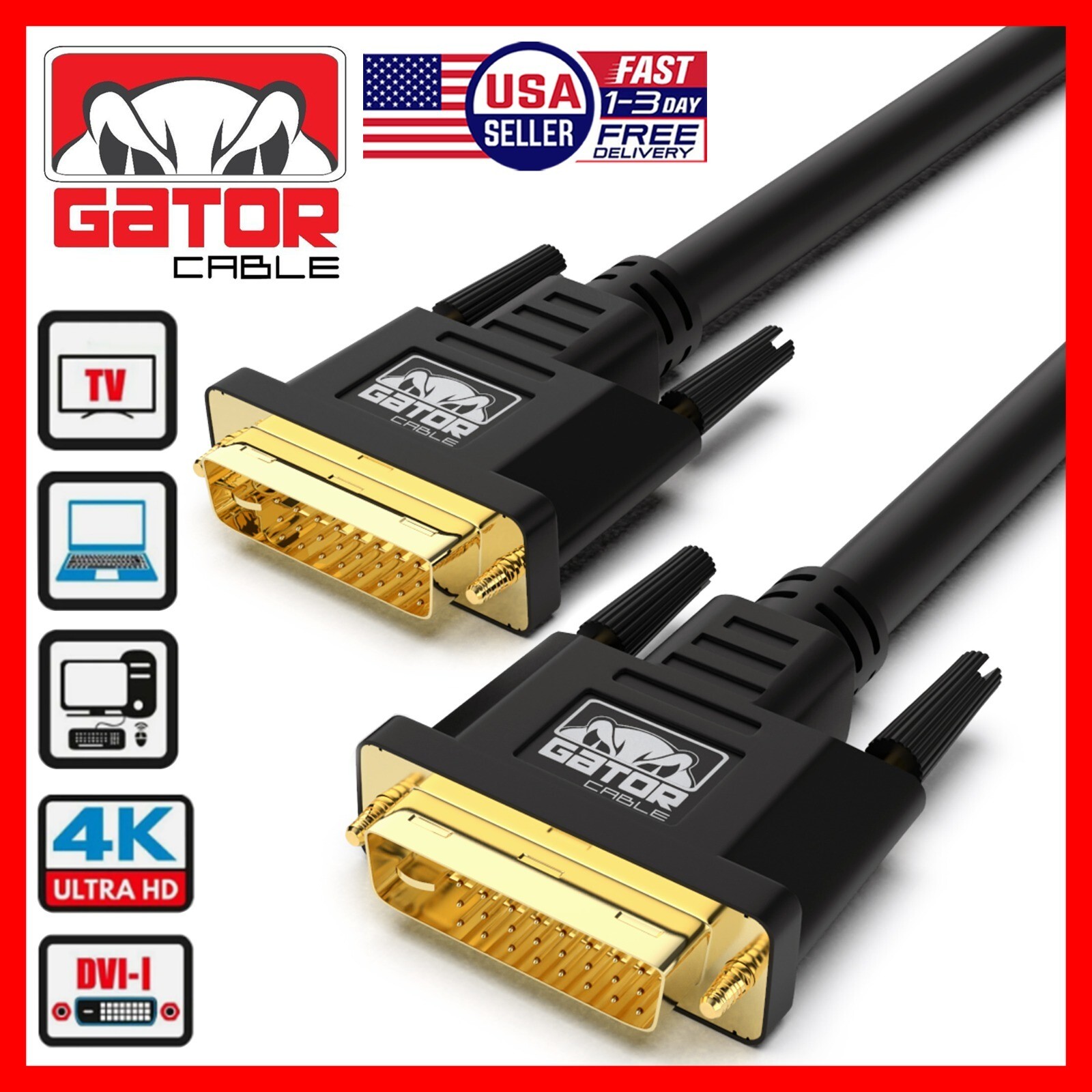 DVI-D to DVI-D Cable Dual Link 24+1 Male Video Cable Adapter Gold Plated 6FT 