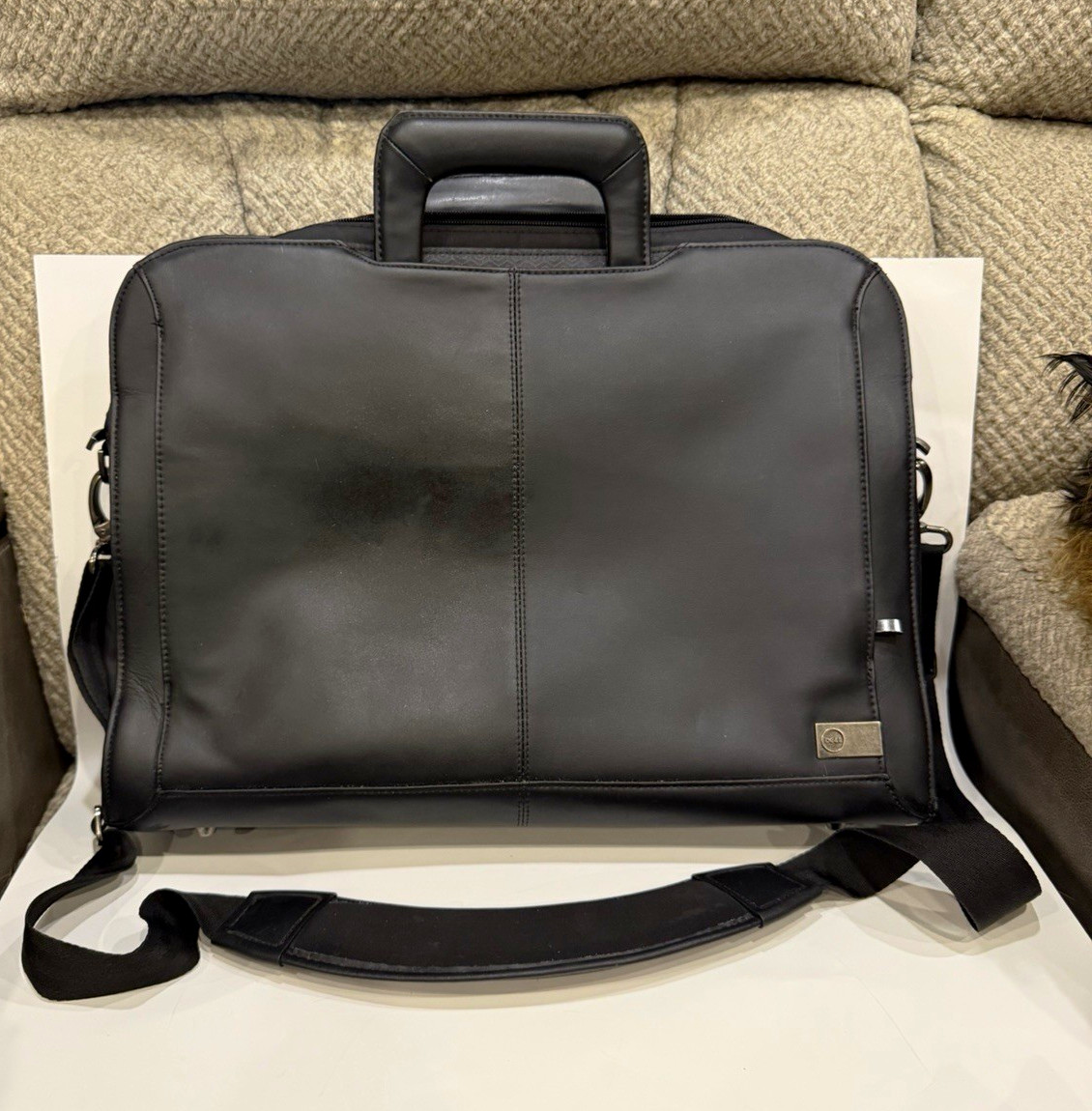 Dell Black Leather Padded Briefcase for 15” Laptop w/ Shoulder Strap, Luggage