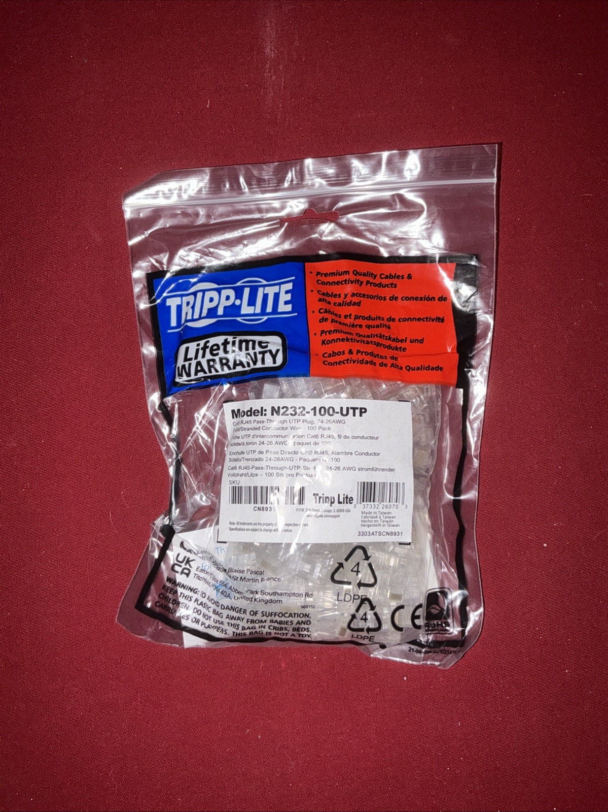 Tripp Lite Cat6 RJ45 Pass-Through UTP Modular Plug, 100 Pack (n232-100-utp)