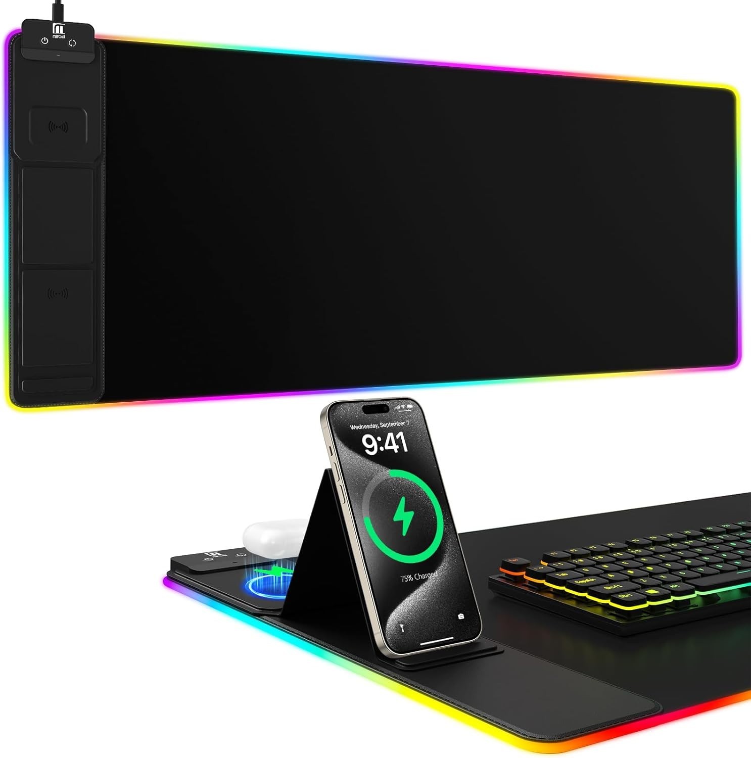 XXL Mouse Pad with Phone Holder, Wireless Charging Desk Mat, RGB Gaming Mousepad