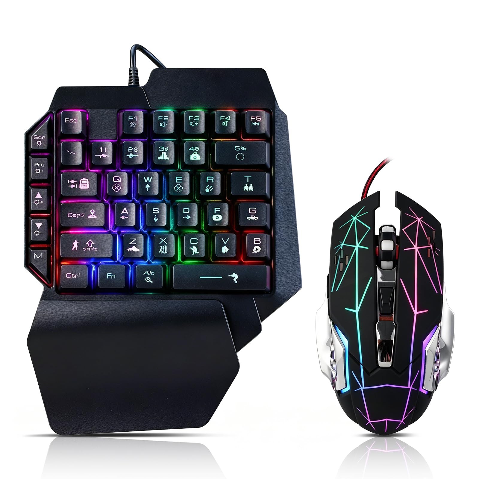 Wired One Handed Gaming Keyboard Mouse Combo LED Backlit 39 Keys Portable
