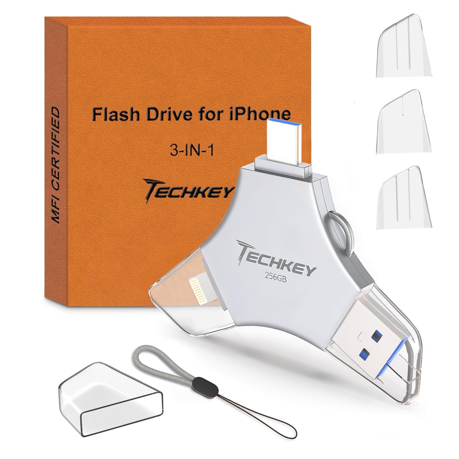USB Flash Drive for iPhone/iPad, MFi Certified 3in1, 256GB, Silver | External