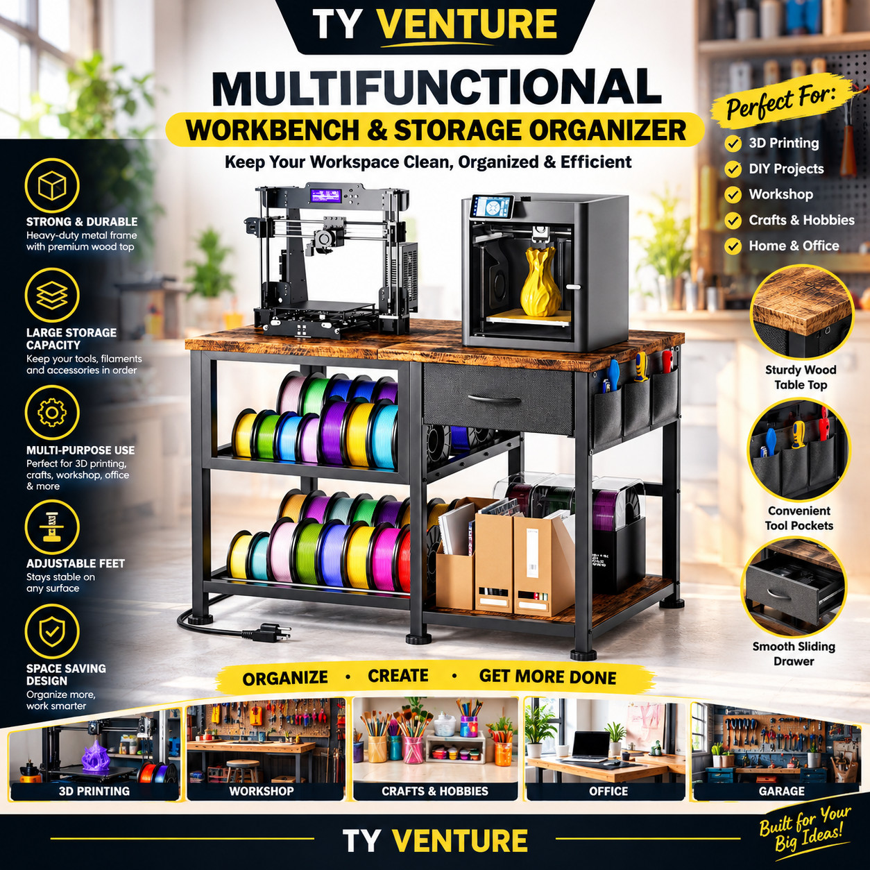 3D Printer Stand with Filament Storage Rack, Heavy Duty 3D Printer Table with Po