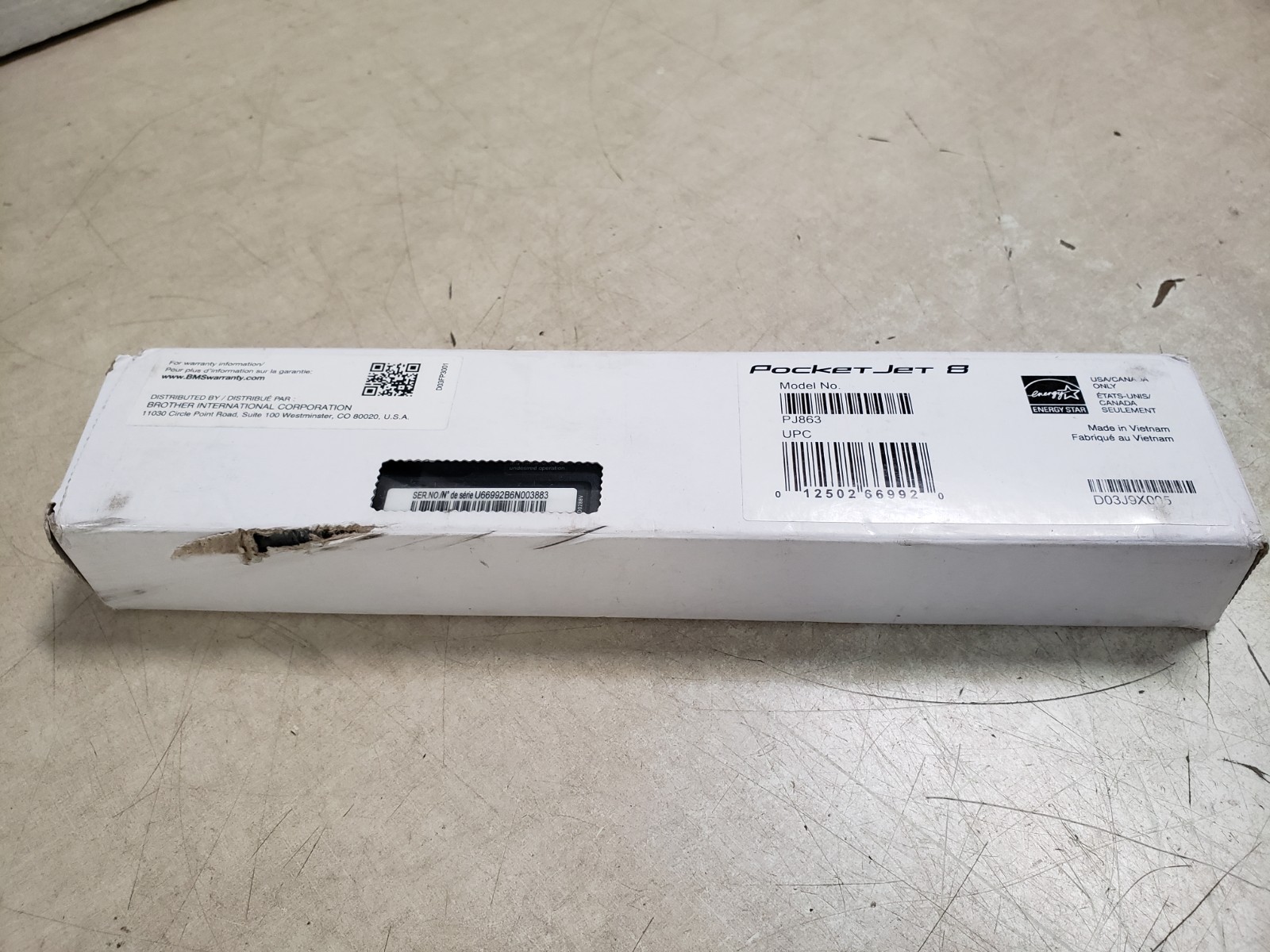 Brother PocketJet 8 PJ-863 Mobile Direct Thermal Monochrome Printer No Battery