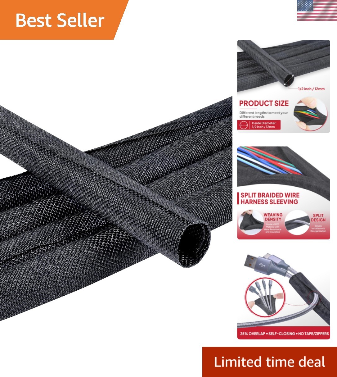 Black Split Braided Cable 1/2inch -12Feet Management Sleeves