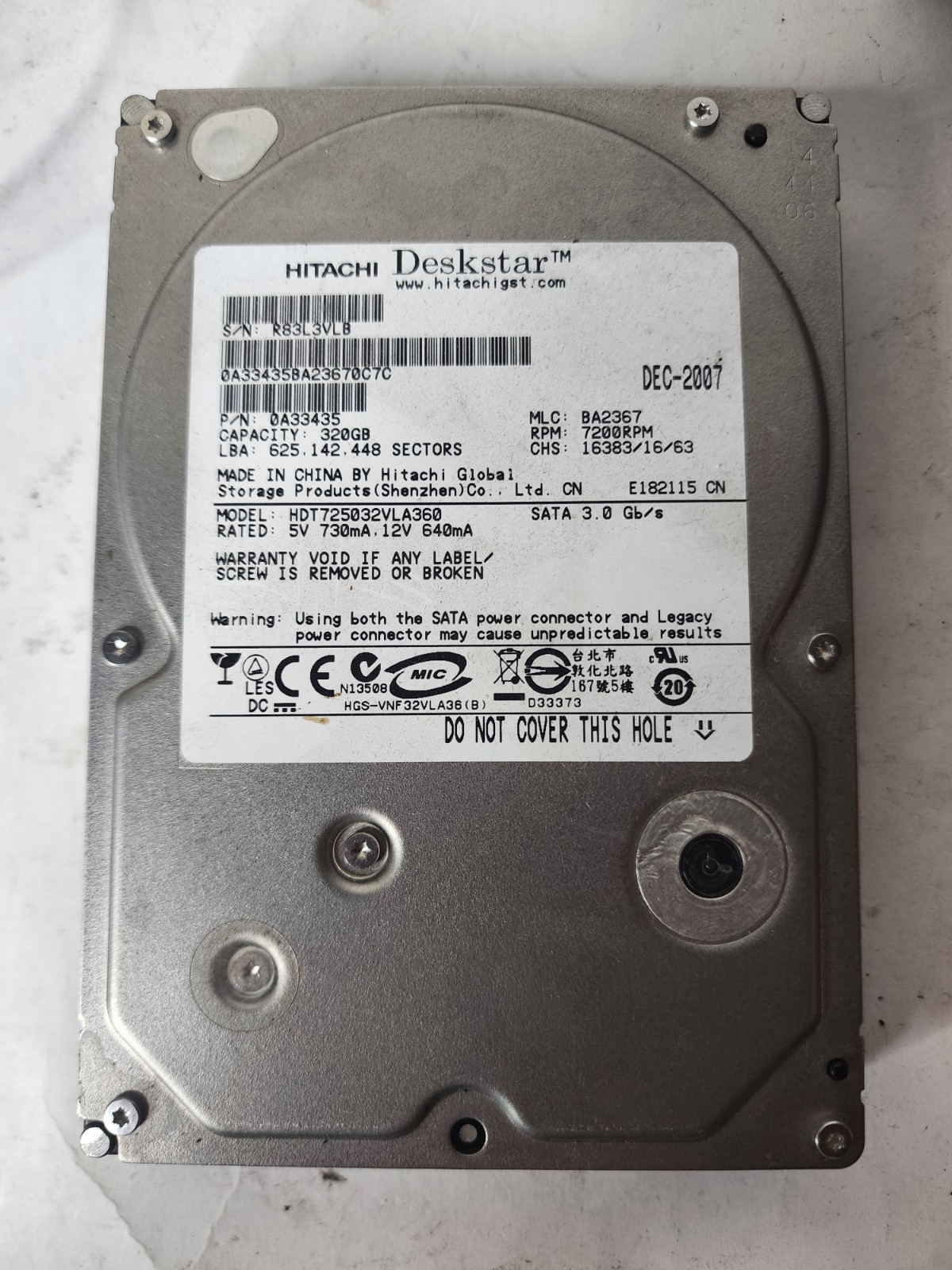 HDT725032VLA360 - Hitachi 320GB 7200 RPM SATA 3.5" HDD