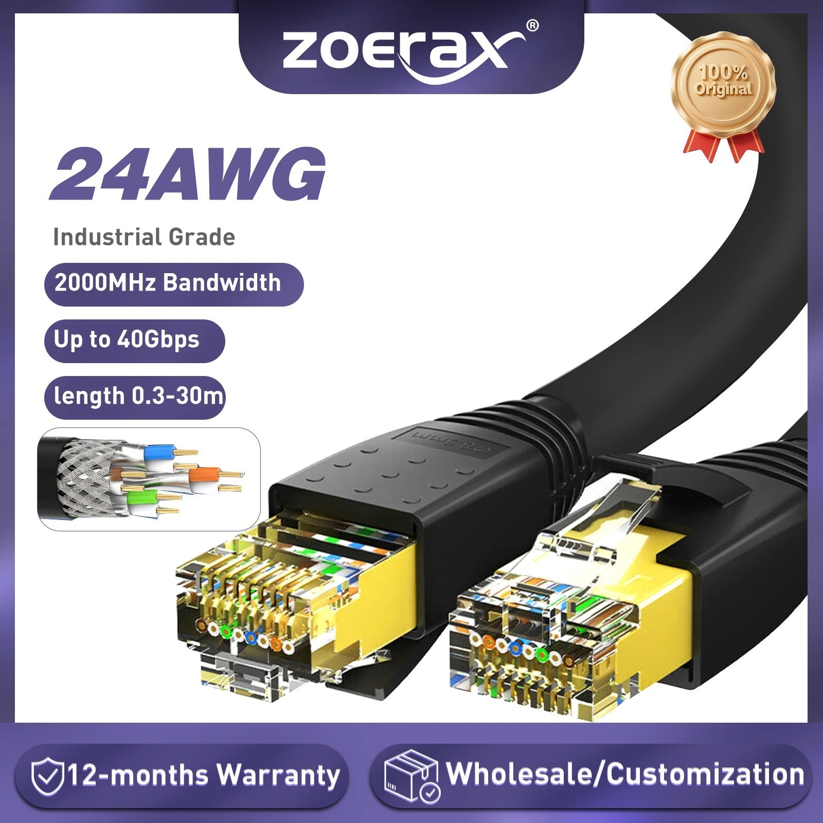ZoeRax CAT8 Ethernet Cable 24AWG 40Gbps 2000Mhz 0.3m 0.5m 1m 2m 3m 5m