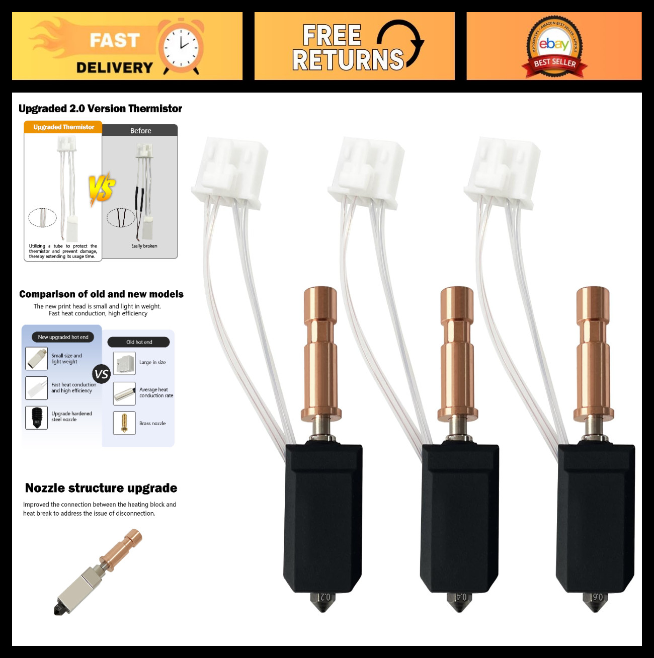 3PK Kobra S1 Combo Hotend 0.2/0.4/0.6mm, 350°C All-Metal, High Speed Nozzles