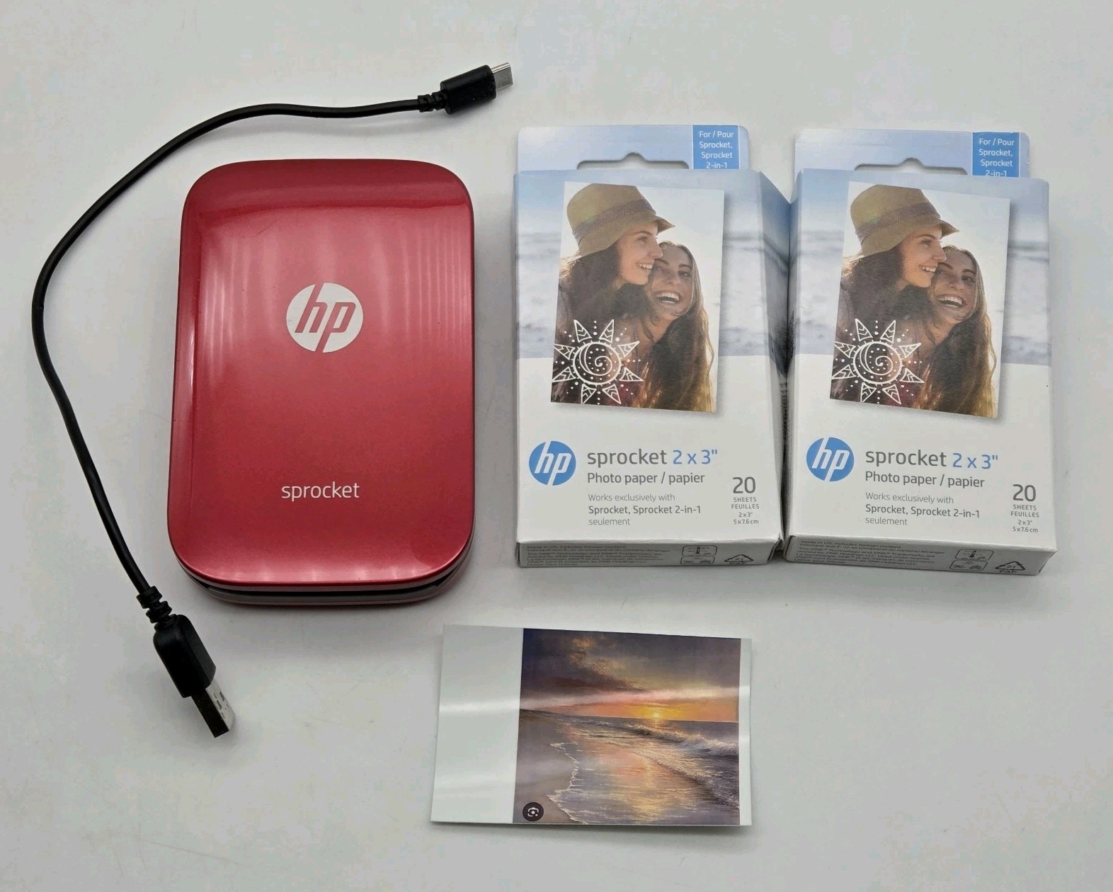 HP Sprocket Bluetooth Phone Photo Printer Z3Z93A Red 39 Zink Paper Charging Cord
