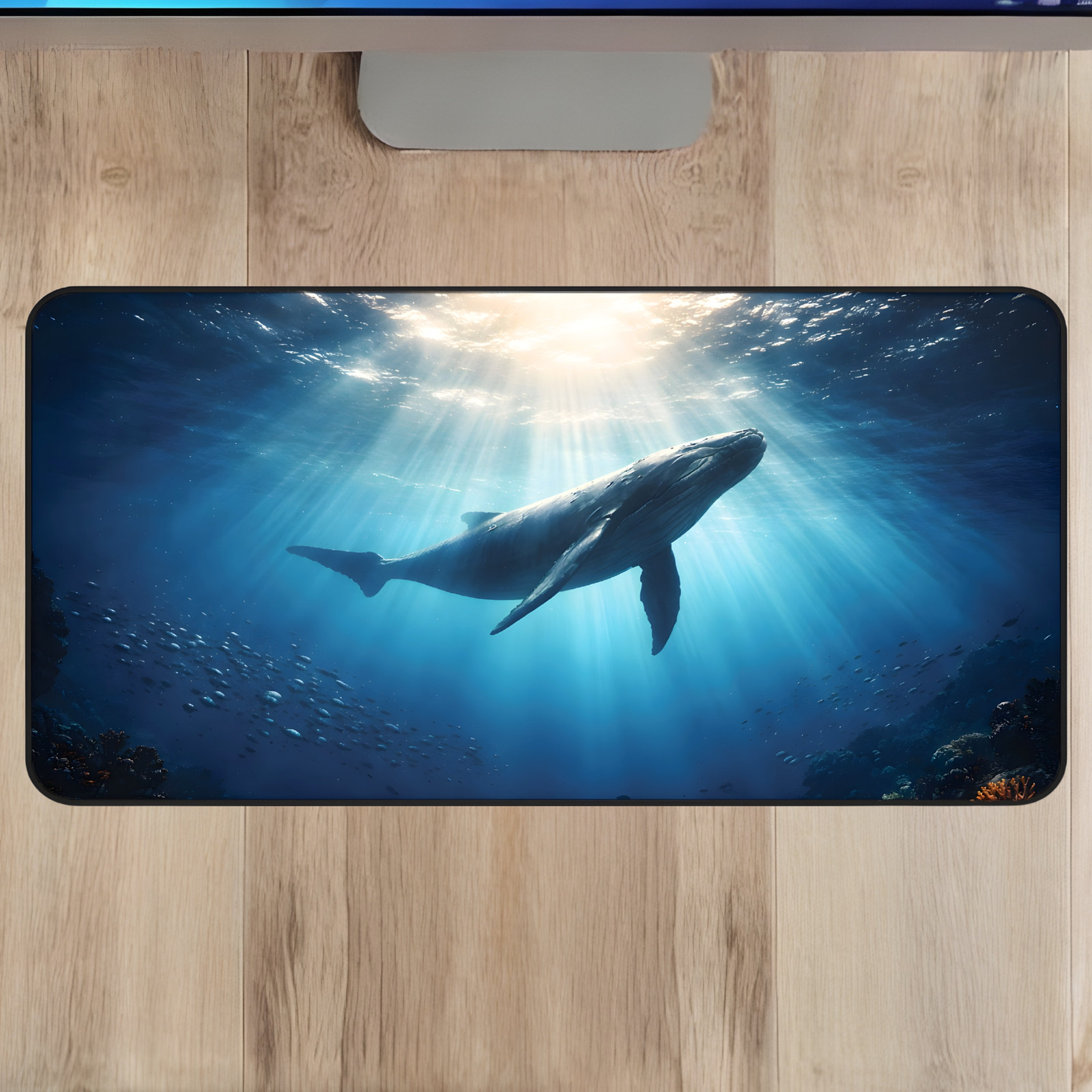 Deep Ocean Whale Desk Mat 16x32 Blue Aesthetic Mouse Pad XL Non-Slip
