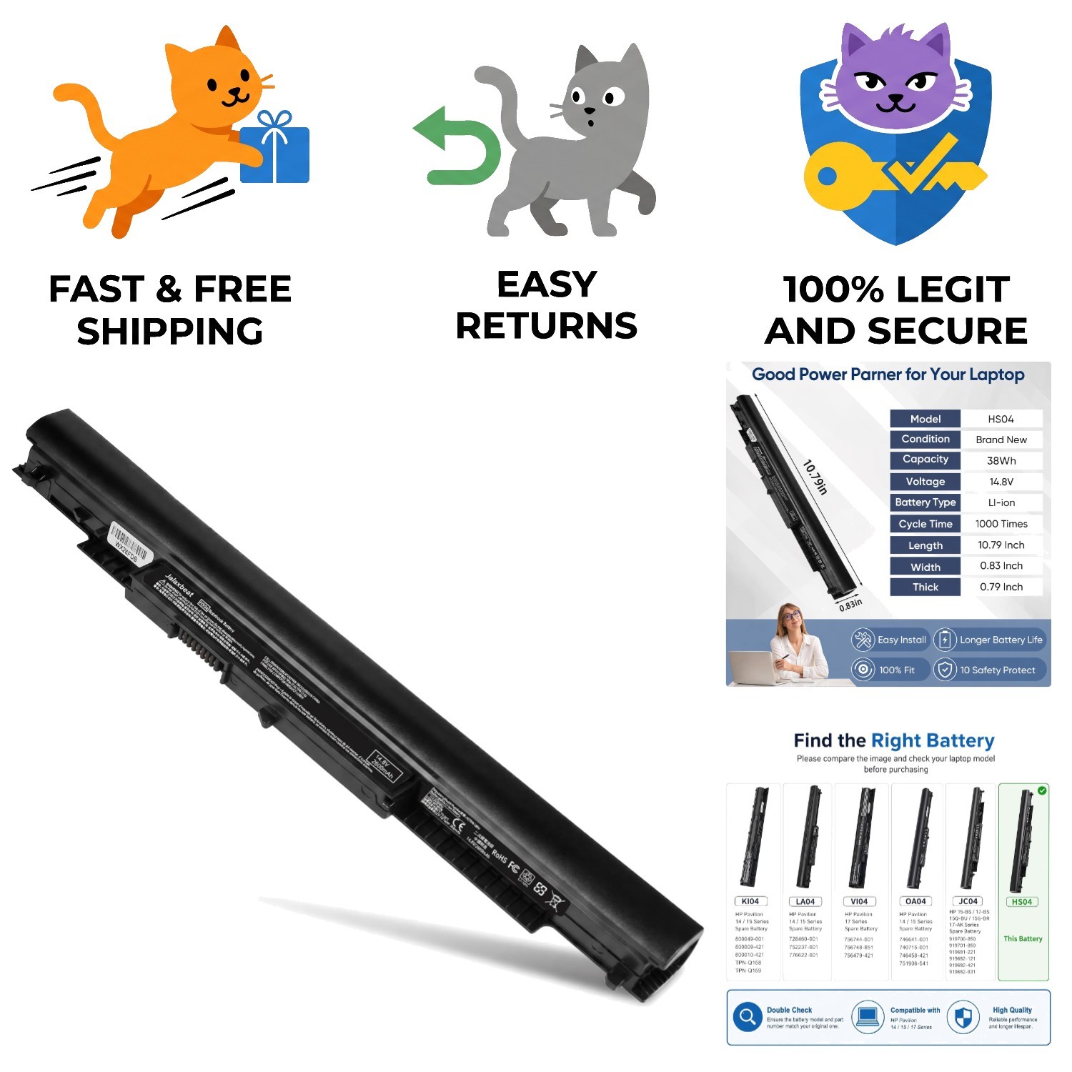 High-Performance Lithium-Ion Laptop Battery HS04 - Safe Charging & 4-Cell Design