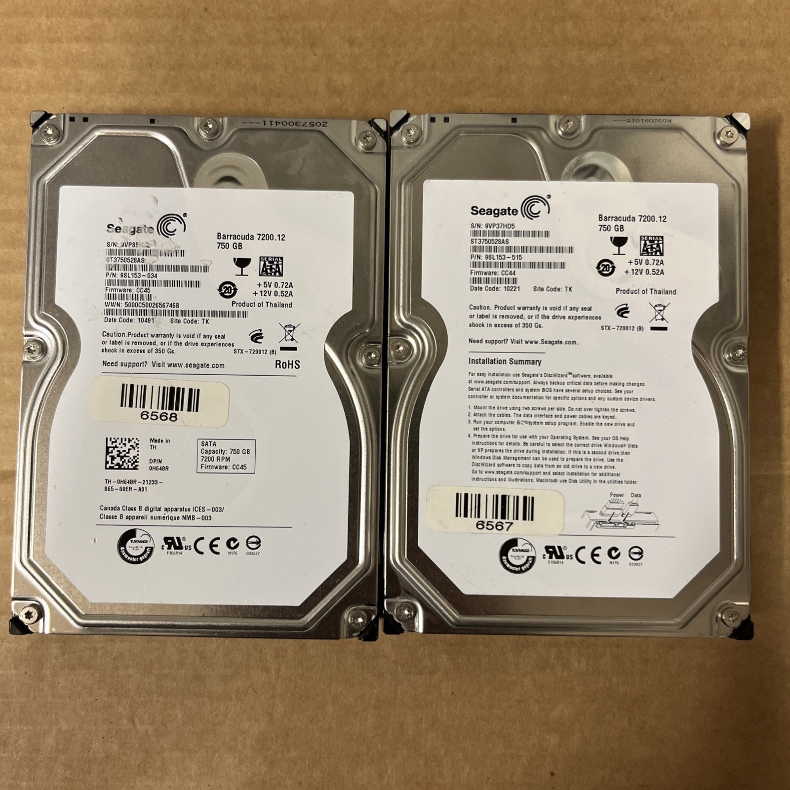 Lot of 2 Seagate Barracuda 7200.12 ST3750528AS 750 GB 3.5" SATA II Hard Drive