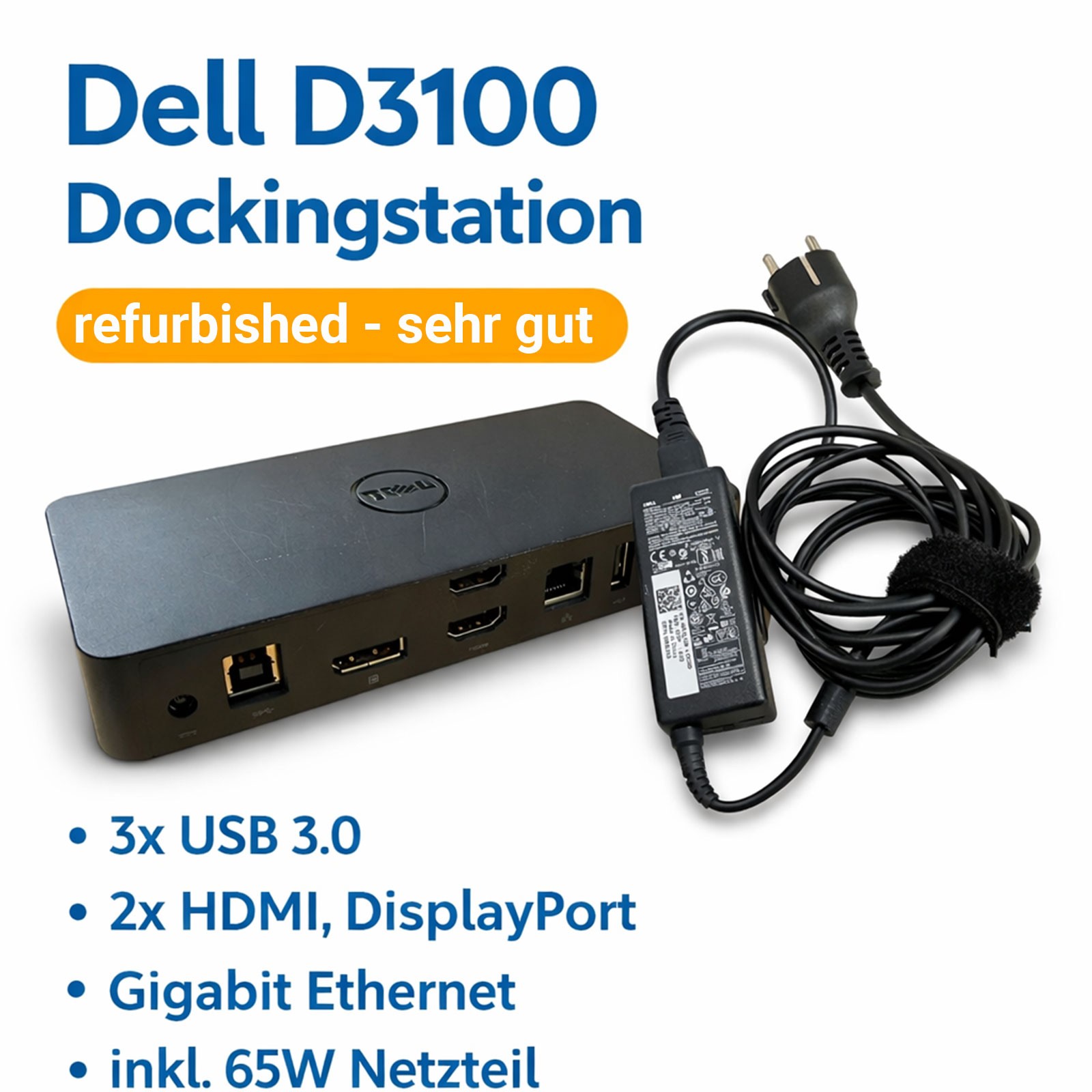 Dell D3100 Docking Station Refurbished with 65W Power Supply Very Good