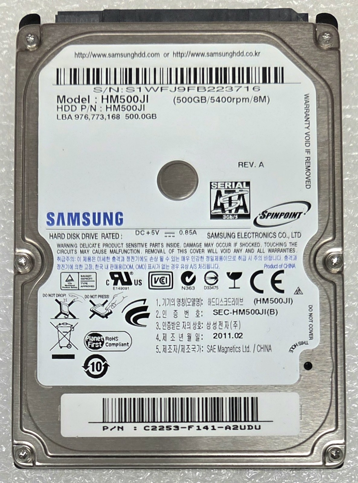 SAMSUNG HM500JI 500GB HDD 2.5" 8 MB 5400 RPM SATA Laptop Hard Disk Drive HDD