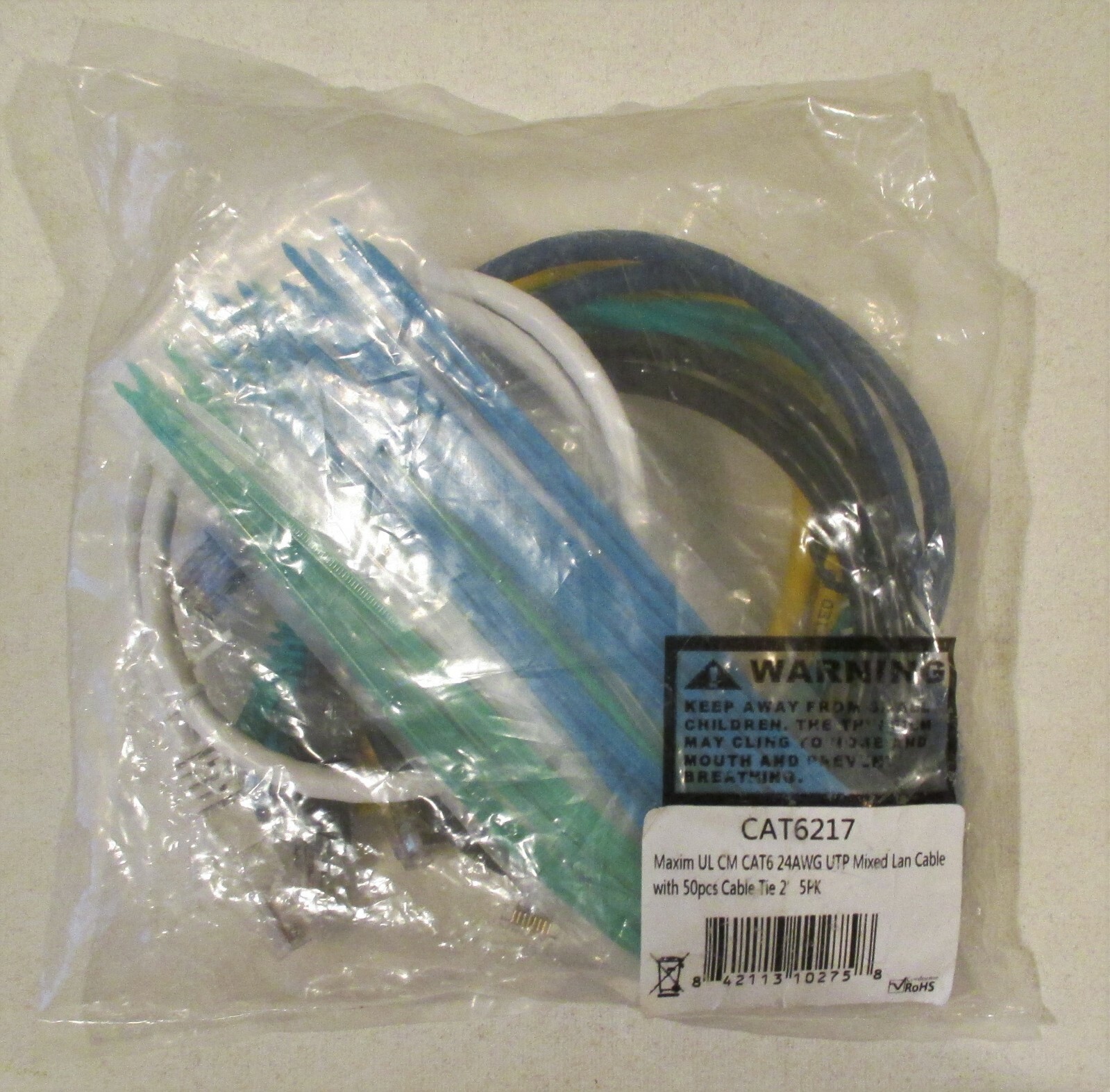 5 Pack - 2' - Maxim UL CM Cat 6 24AWG UTP Mixed Lan Cable with 50 Cable Ties 