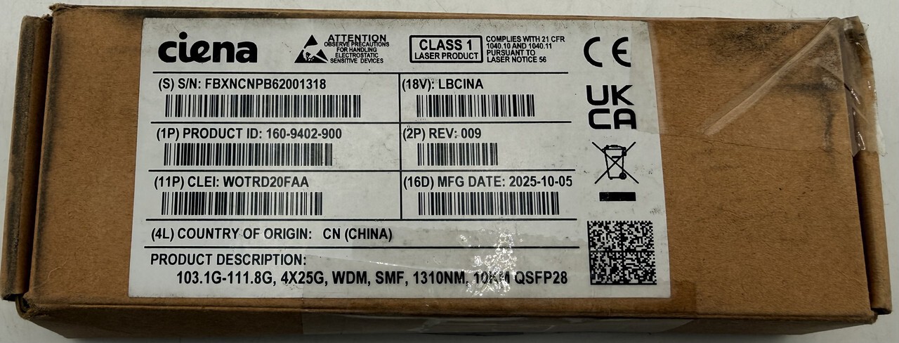 CIENA 160-9402-900 QSFP28 103.1G-111.8G 4X25G 1310NM 10KM TRANSCEIVER MODULE