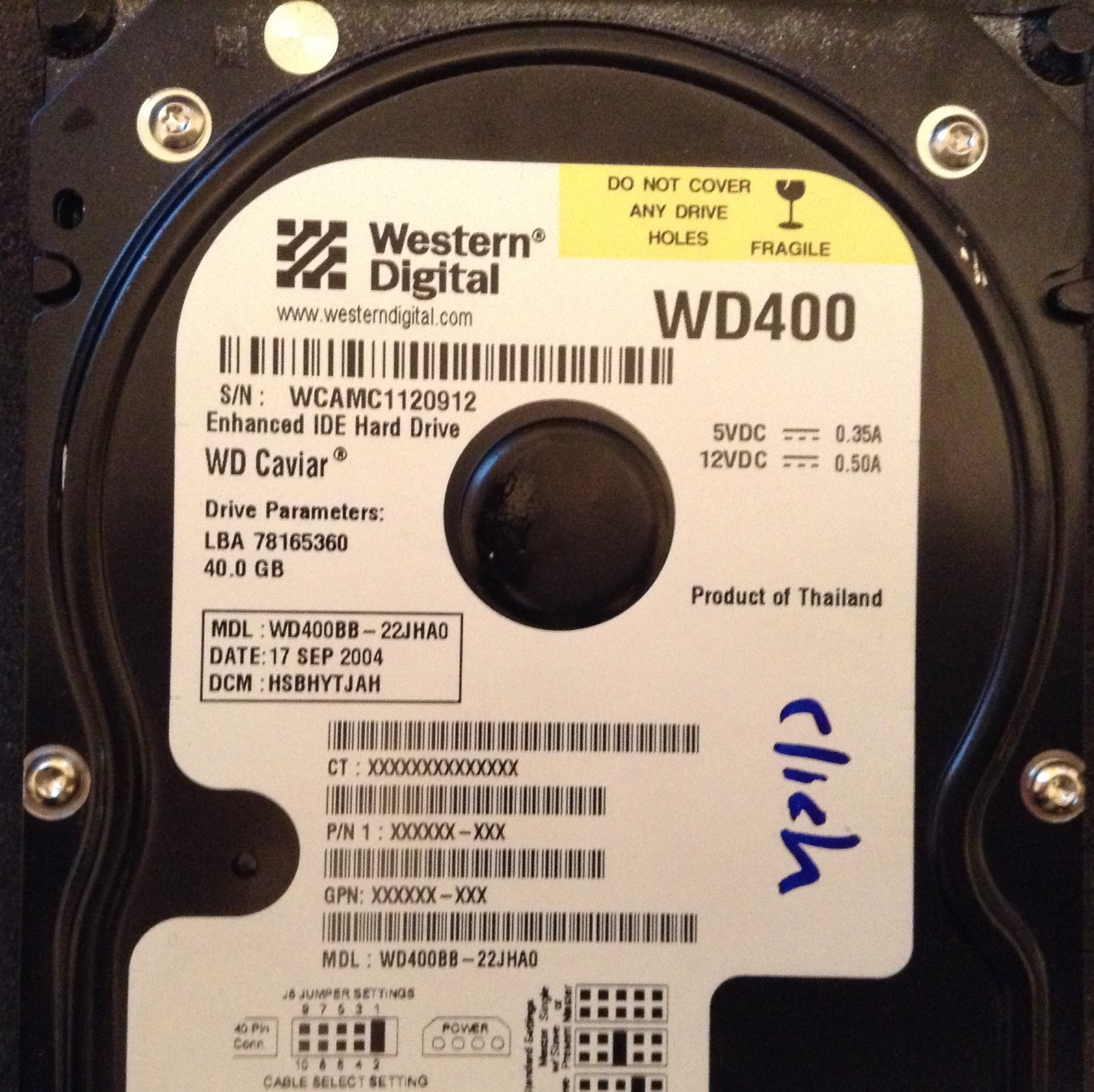 WESTERN DIGITAL WD400BB-22JHA0 40GB IDE PCB BOARD ONLY (2060-001292-000)