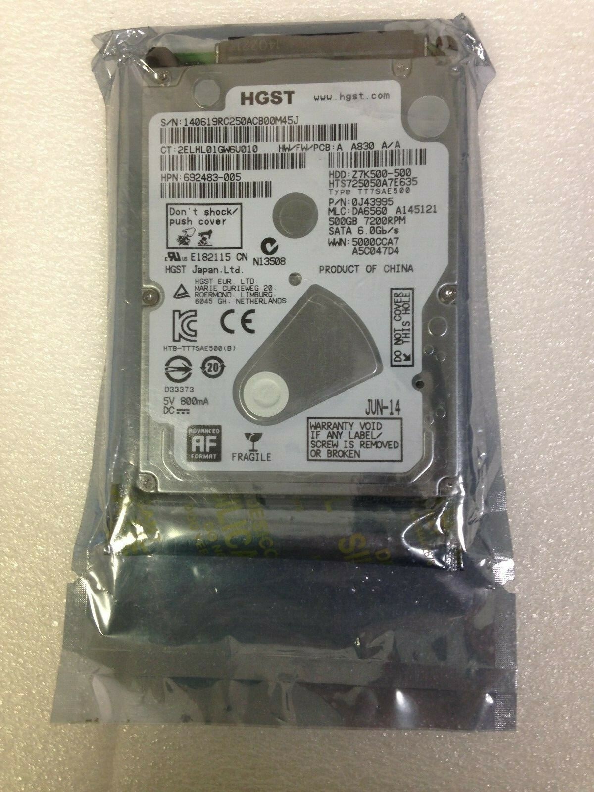 HTS725050A7E635  Z7K500-500 P/N 0J43995 SATA 500GB 2.5''Hard Drive NEW