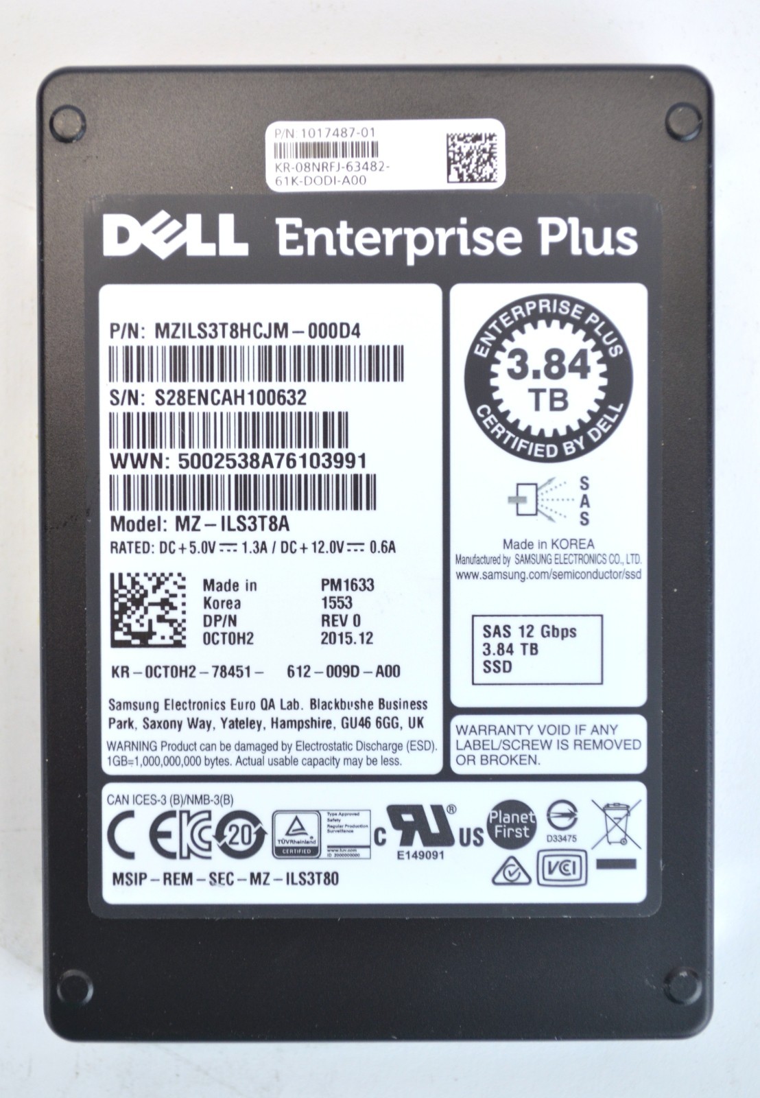 DELL Enterprise Plus  MZ-ILT3T8A SAMSUNG PM1633 3.84TB SAS 12Gb/s SSD Only 8 TBW