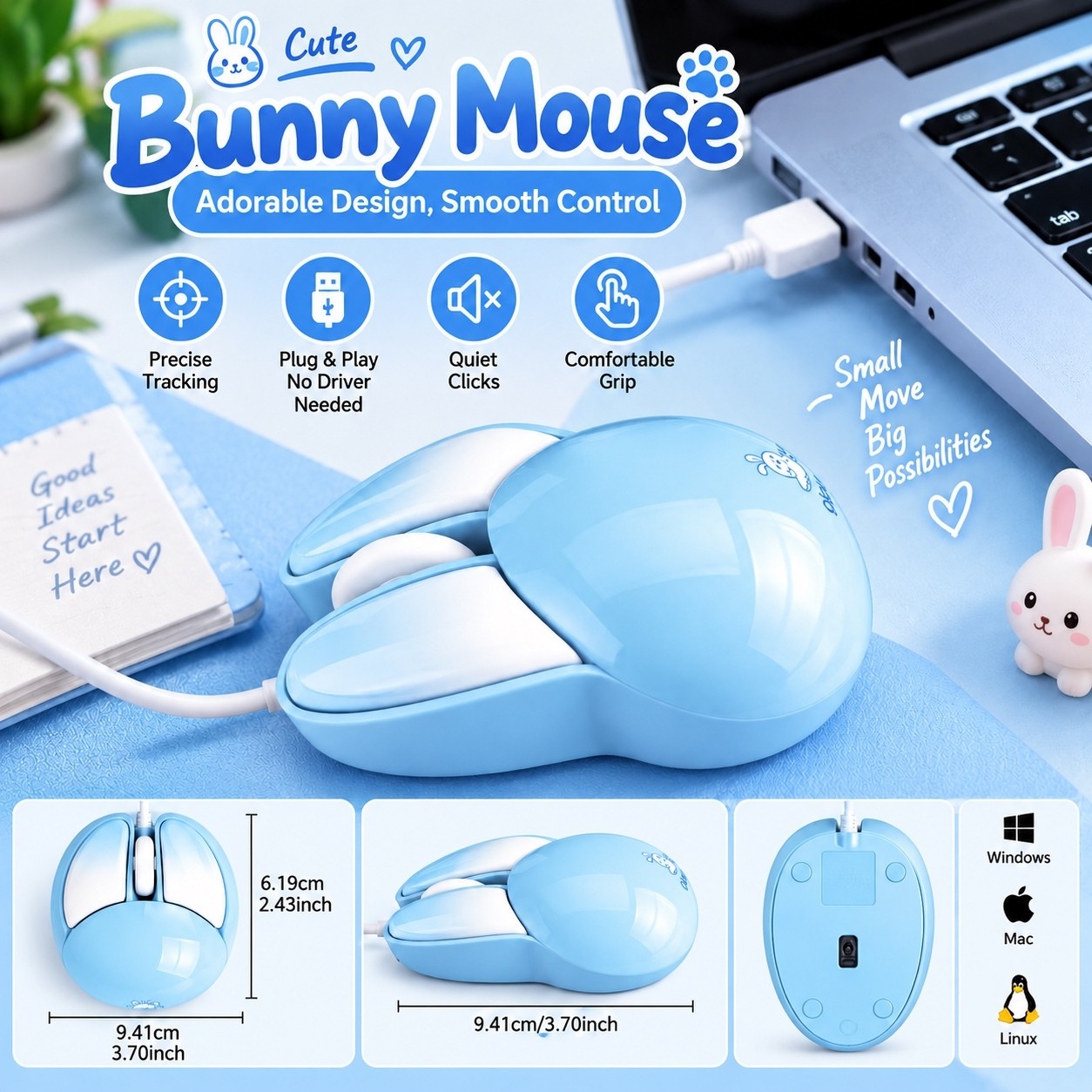 Cute Bunny Mouse Wired USB Computer Mouse with Precise Tracking and Comfortable
