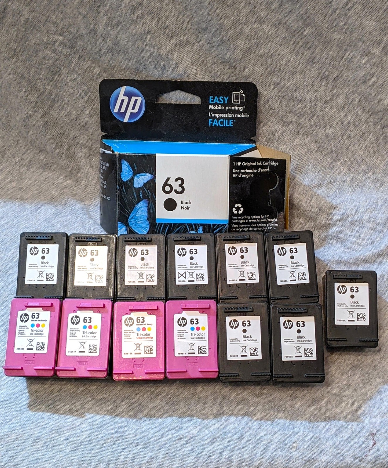 13 HP 63 Used Empty Ink Cartridges 9 Black,  4 Tri-Color NEVER REFILLED
